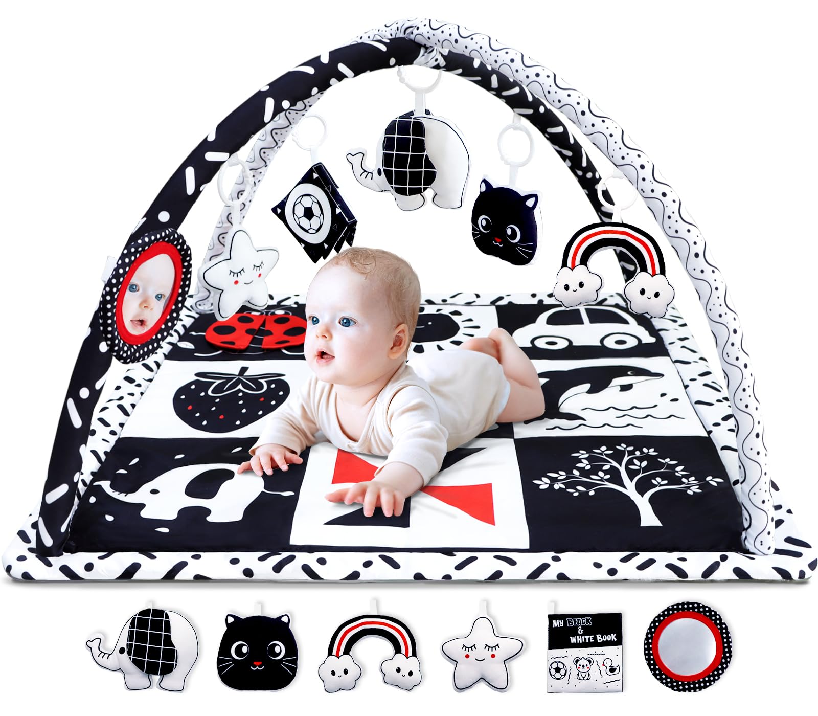 Black and White Baby Gym Play Mat with 6 Toys Tummy Time Activity Mat