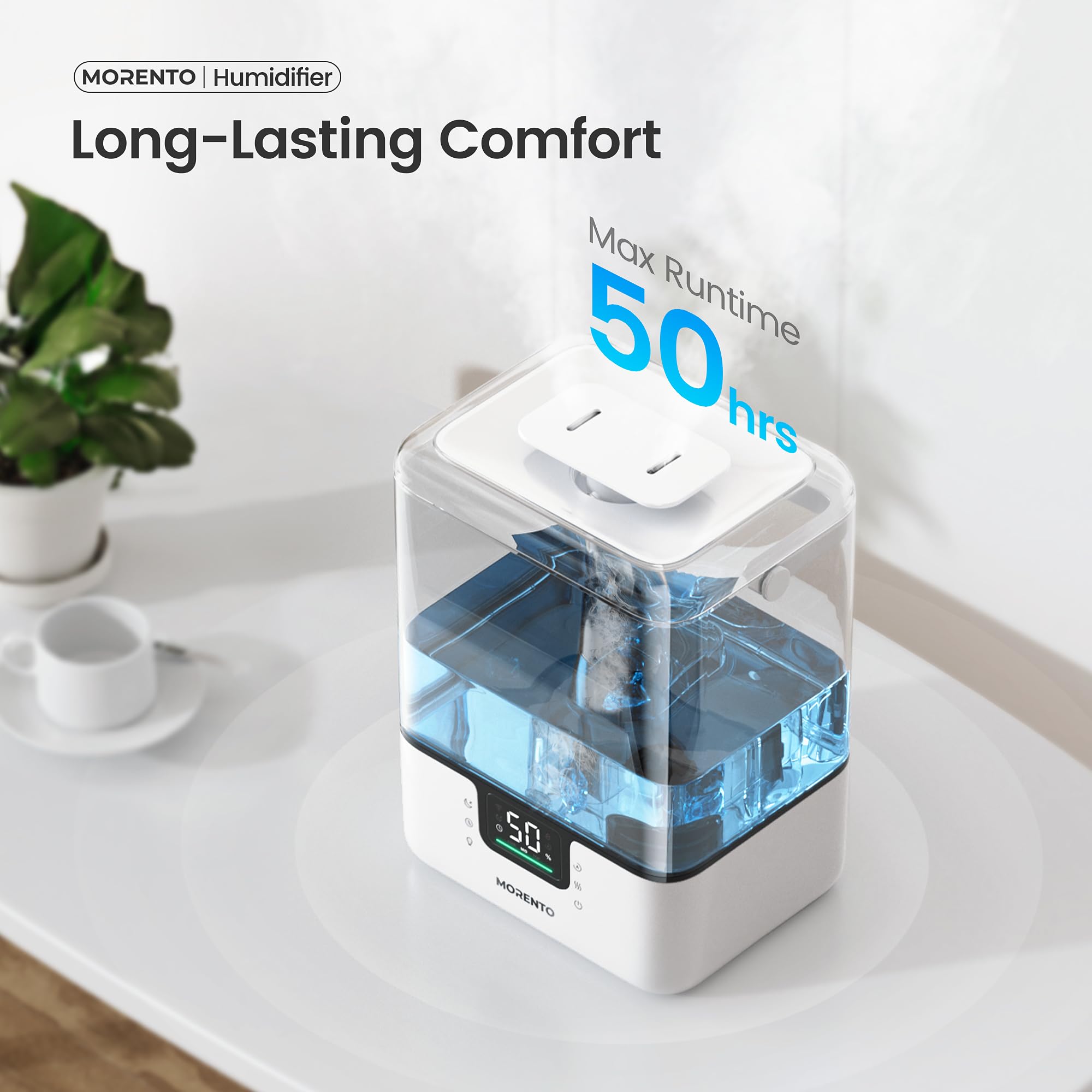 MORENTO Smart Humidifiers for Bedroom Large Room Home, 6L Cool Mist Top Fill Humidifier with Essential Oil Diffuser, Smart App & Voice Control, for Nursery & Plants, White, 1 Pack + 7 Color NightLight