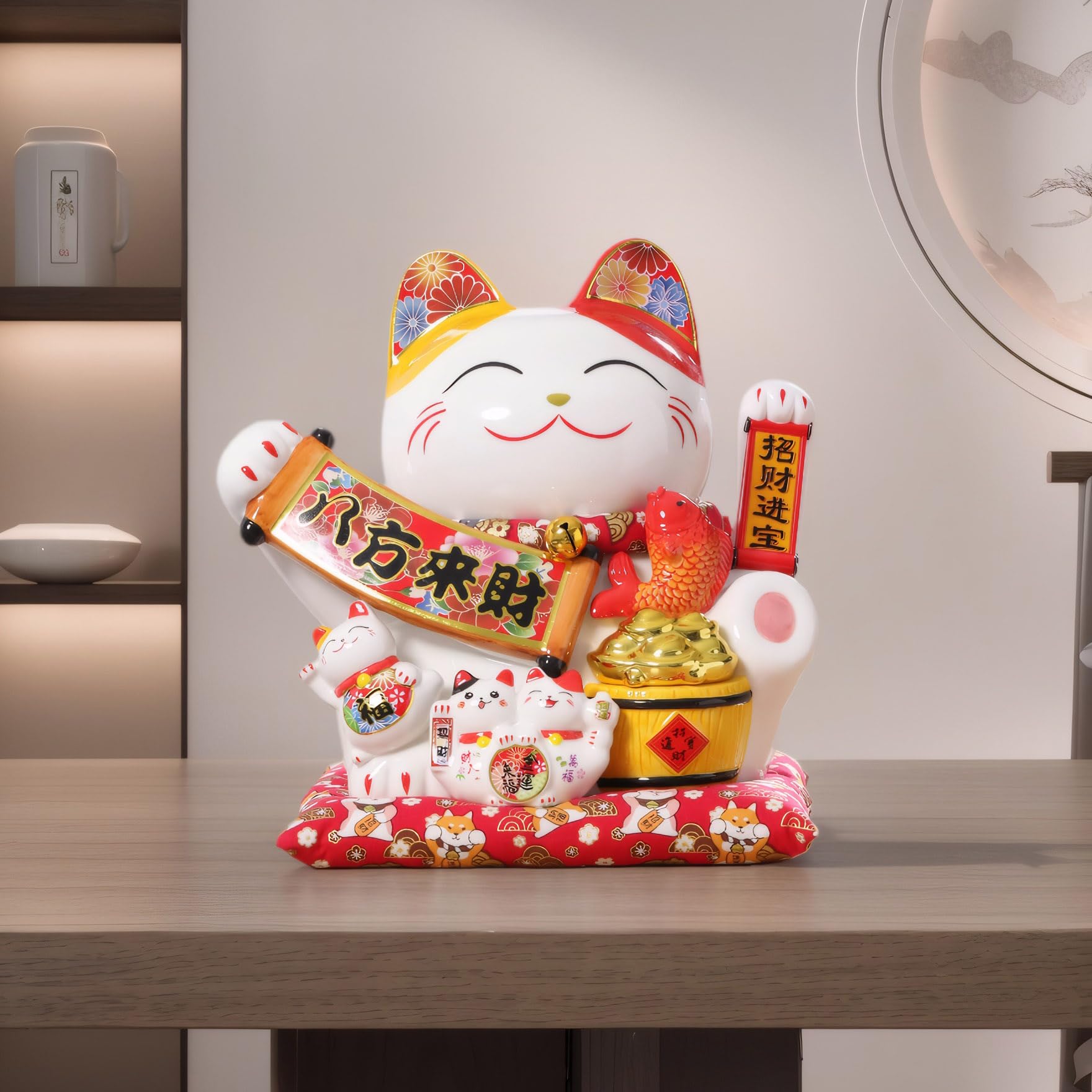 Cat Waving Arm Statue,Chinese Ceramic Fortune Cat,Japanese