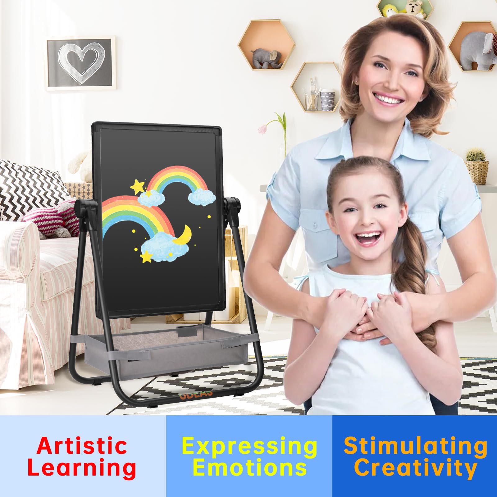 UDEAS Easel for Kids, Adjustable Standing Toddler Easel Magnetic Whiteboard & Chalkboard with 27inch-44inch Height, Double Sided 360°Rotating Kids Art Easel for Toddlers for Boys and Girls 3+