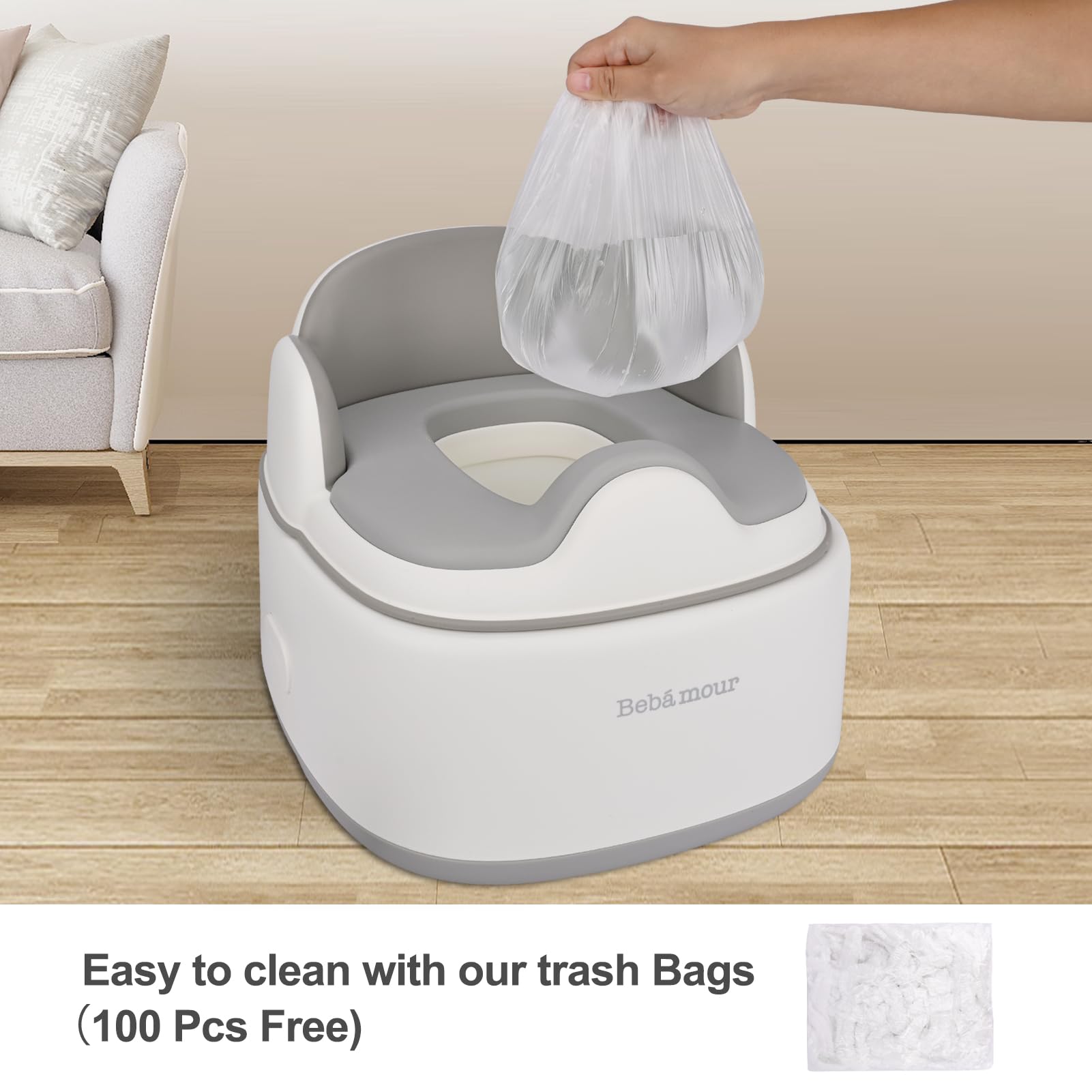 Bebamour Potty Training Toilet 3 in 1 Multi-Functional Potty Seat Detachable Baby Potty Step Stool Anti-Slip Stable Potty Training Toilet with 100 Pack Trash Bags for Baby Toddler Kids(Grey)