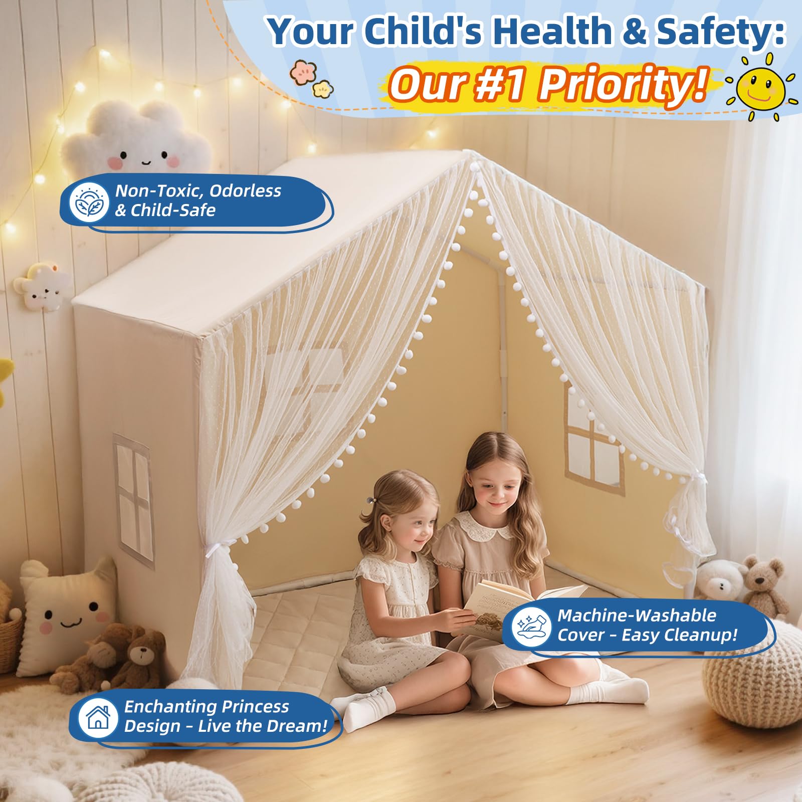 Large Kids Play Tent with Padded Mat and Star Lights