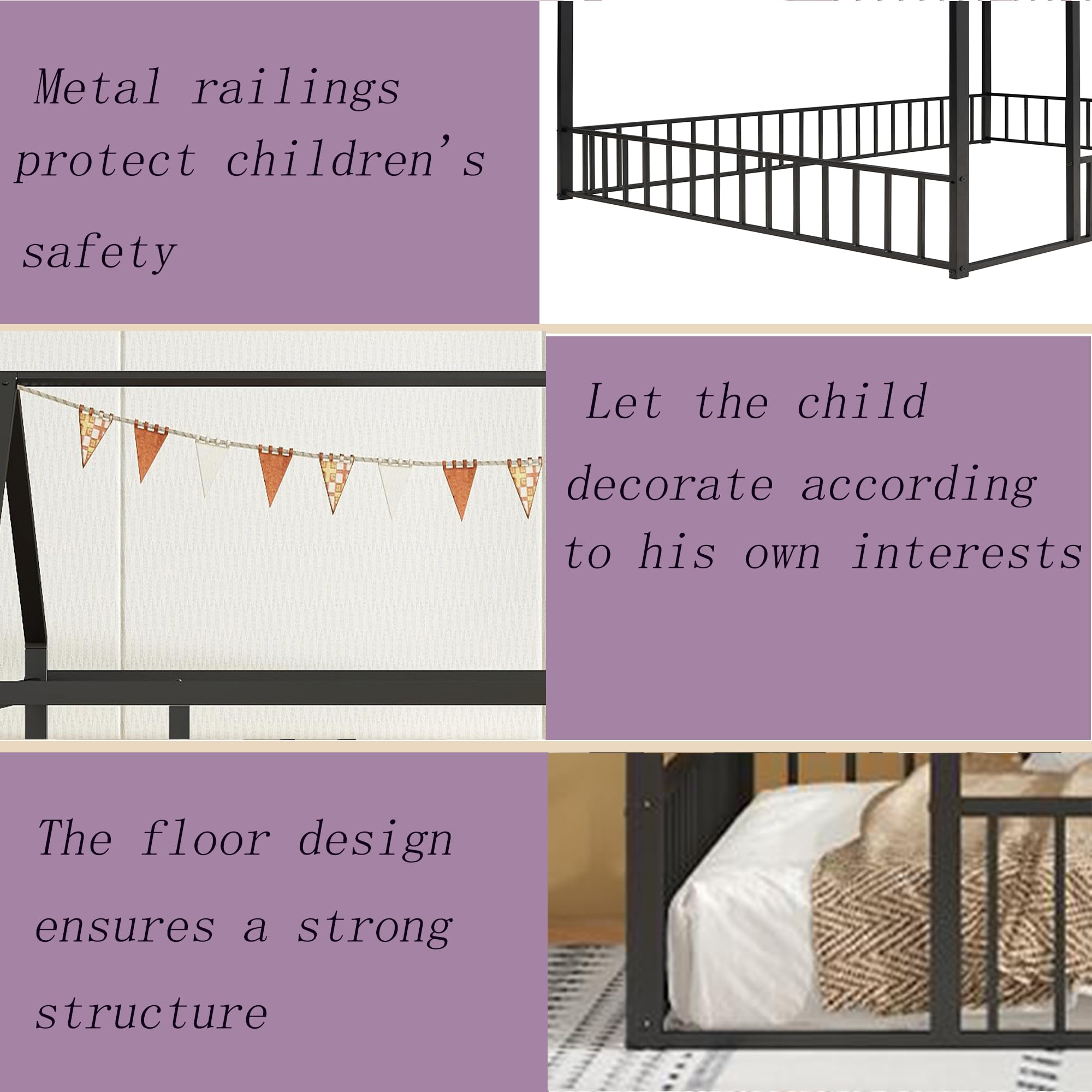Twin Floor Bed Frame with Fence House Shaped Metal Montessori Bed