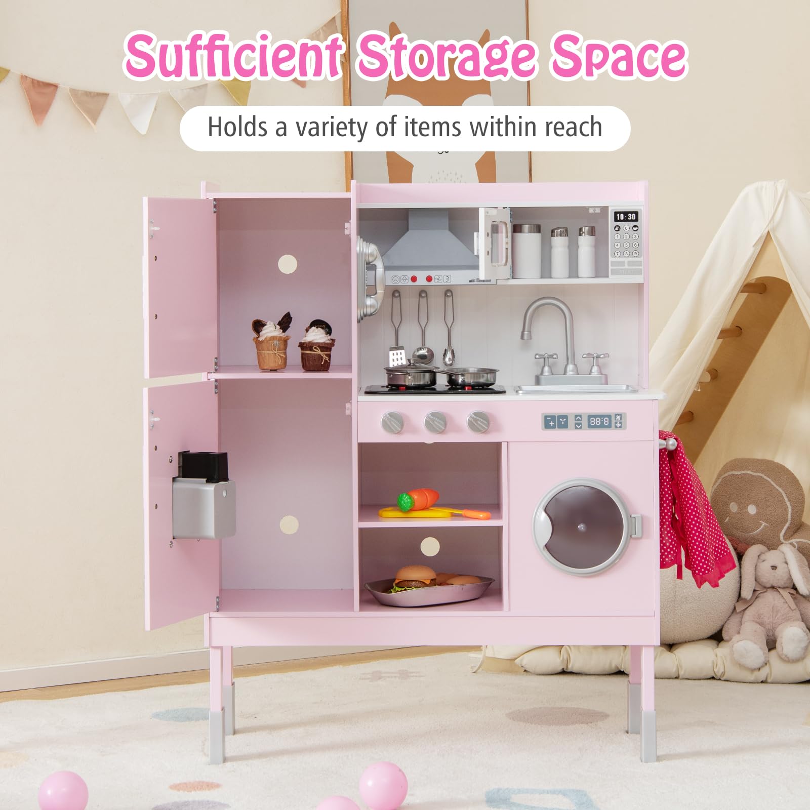 Wooden Kids Kitchen Playset with Sound & Light - Adjustable Height