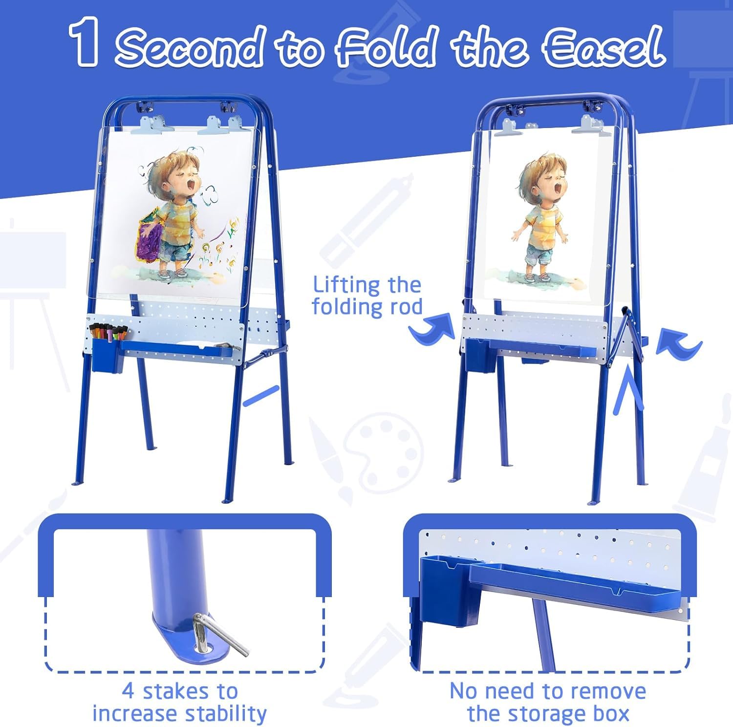 FUNLIO 2-in-1 Outdoor Easel for Kids Ages 3+, Foldable Waterproof & Sunproof Toddler Easel, Double-Sided Kids Art Easel with 2 Acrylic Boards & 20+ Accessories, Portable and Stable - Blue