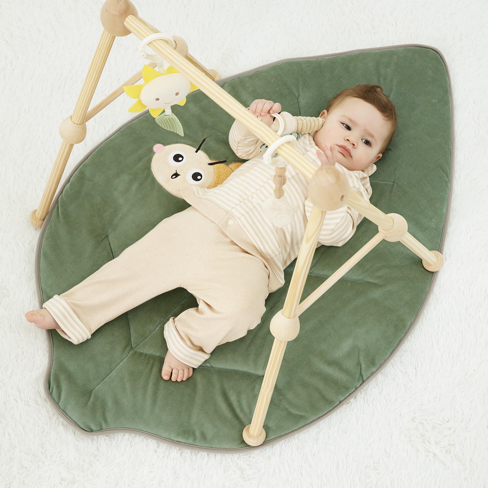 4-in-1 Wooden Baby Play Gym & Activity Mat, Soft Cotton Tummy Time Mat