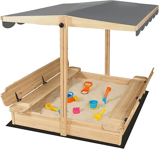 Large Wooden Outdoor Sandbox with Lid Cover Adjustable Canopy Foldable Bench