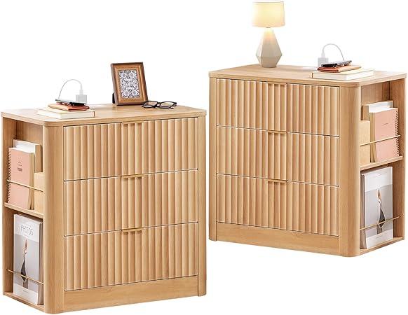 Fluted Nightstand with Charging Station, Modern Nightstand