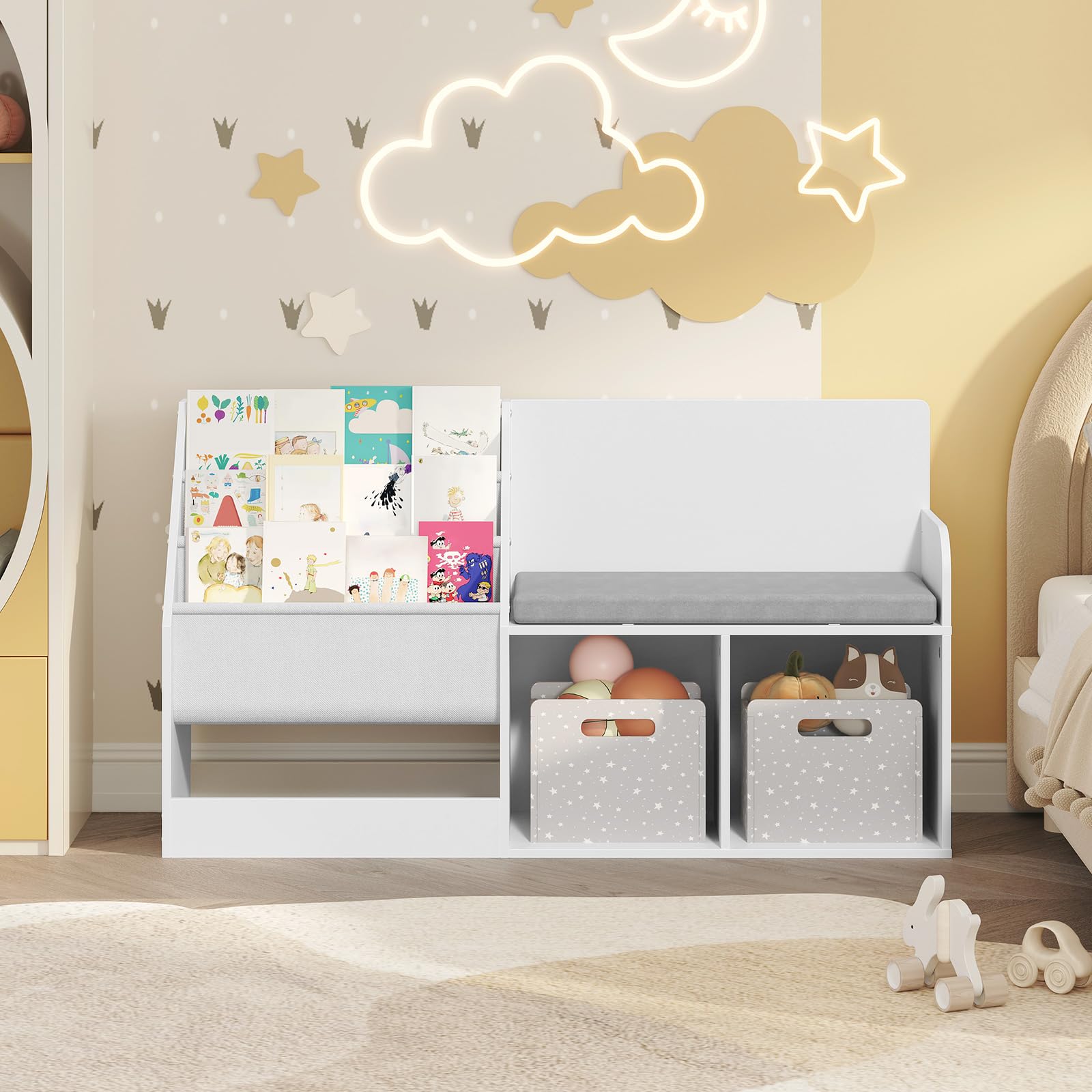 42.1" Kids Bookshelf with Reading Nook, Toy Storage Organizer