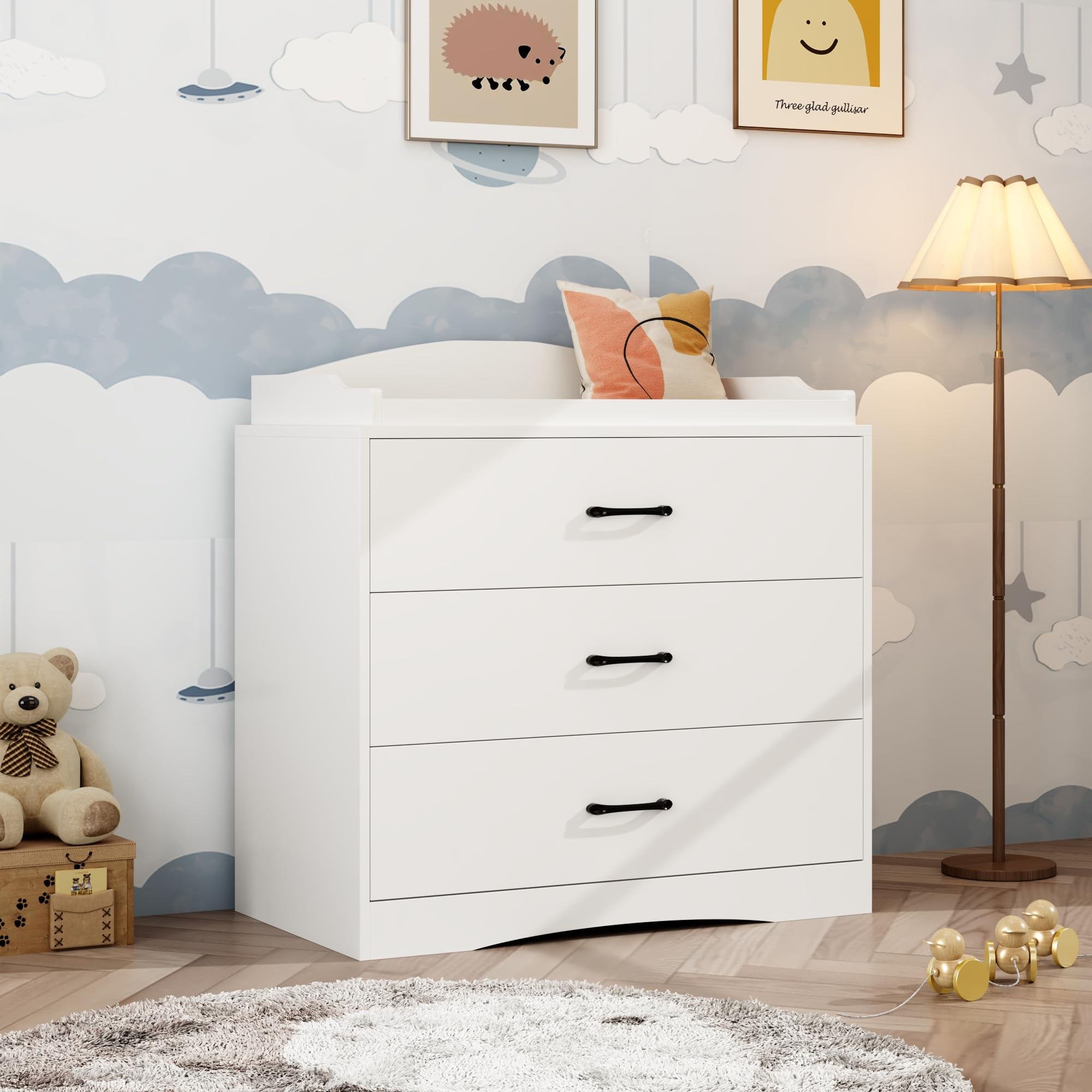 3 Drawer Nursery Dresser, Baby Dresser with Changing Topper