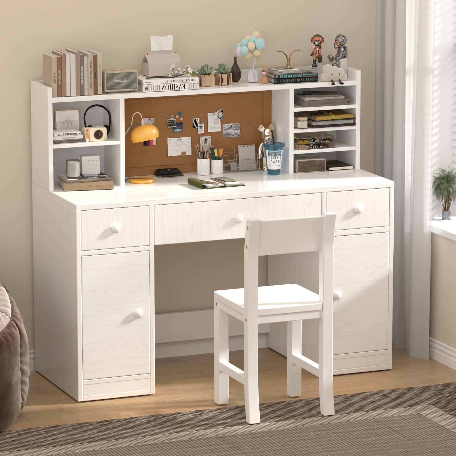 Kids Wooden Desk and Chair Set with Storage Shelves and Drawers
