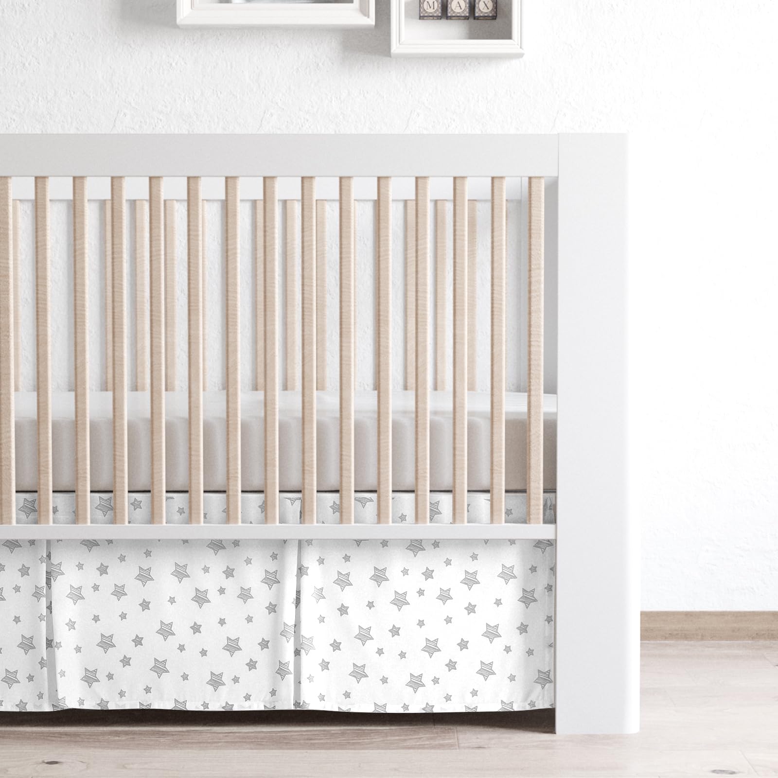 Crib Skirt Boy Girl Pleated Dust Ruffle Machine Washable, 14" Drop, Toddler Crib Bed Skirt White with Grey Star, Microfiber Nursery Standard Crib Bedding Skirt