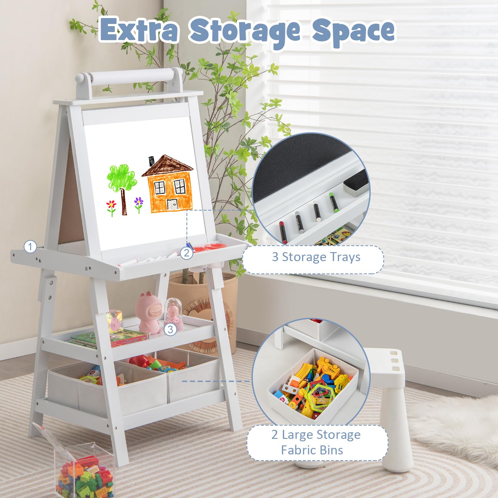 Costzon Kids Art Easel, 3 in 1 Double-Sided Painting Easel w/Magnetic Whiteboard, Chalkboard & Paper Roll, 2-Tier Storage Rack & 2 Boxes, Standing Easel for Kids, Toddlers, Gift for Boys, Girls