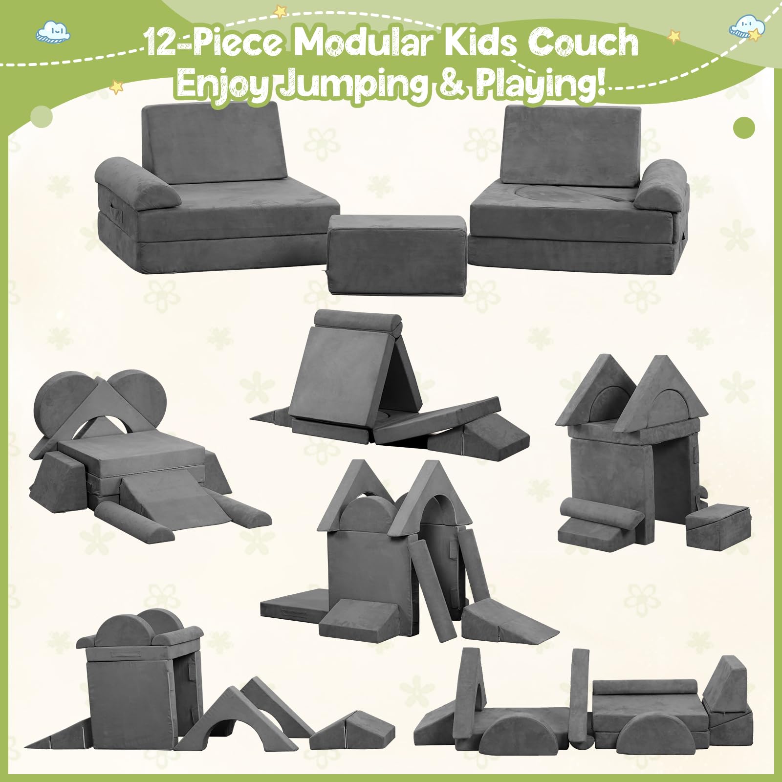 12-Piece Modular Kids Play Couch - Convertible Foam Climbing Sofa