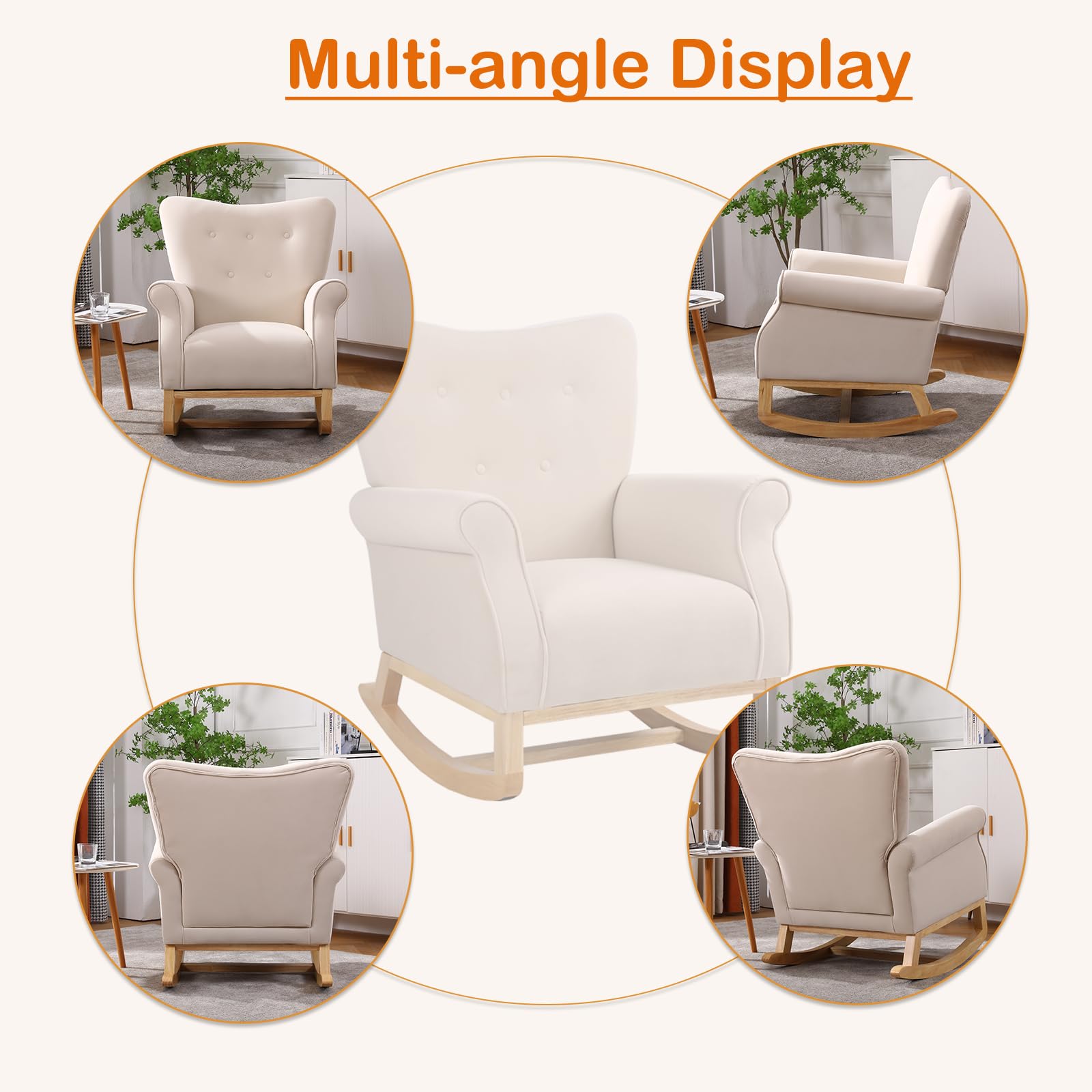 Velvet Nursery Glider Rocking Chair with Solid Wood Legs