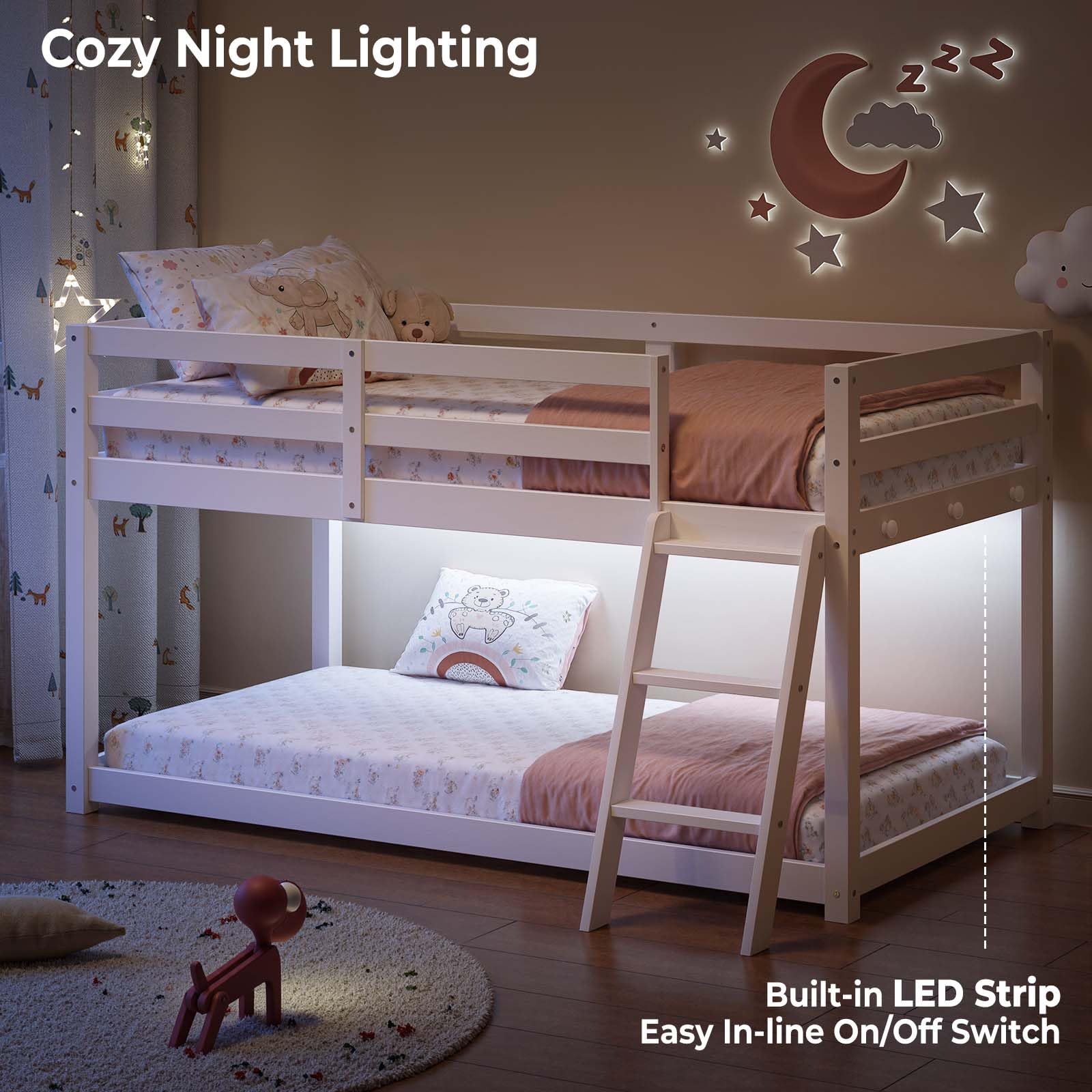 Twin Over Twin Low Bunk Bed with LED Light and Wide Stairs