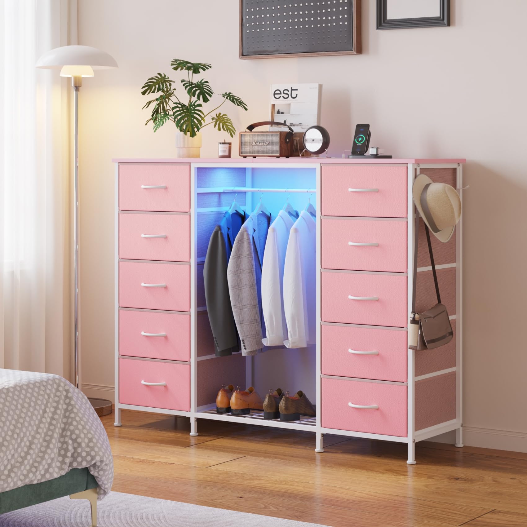 10 Drawer Dresser with Hanging Rack and LED Lights