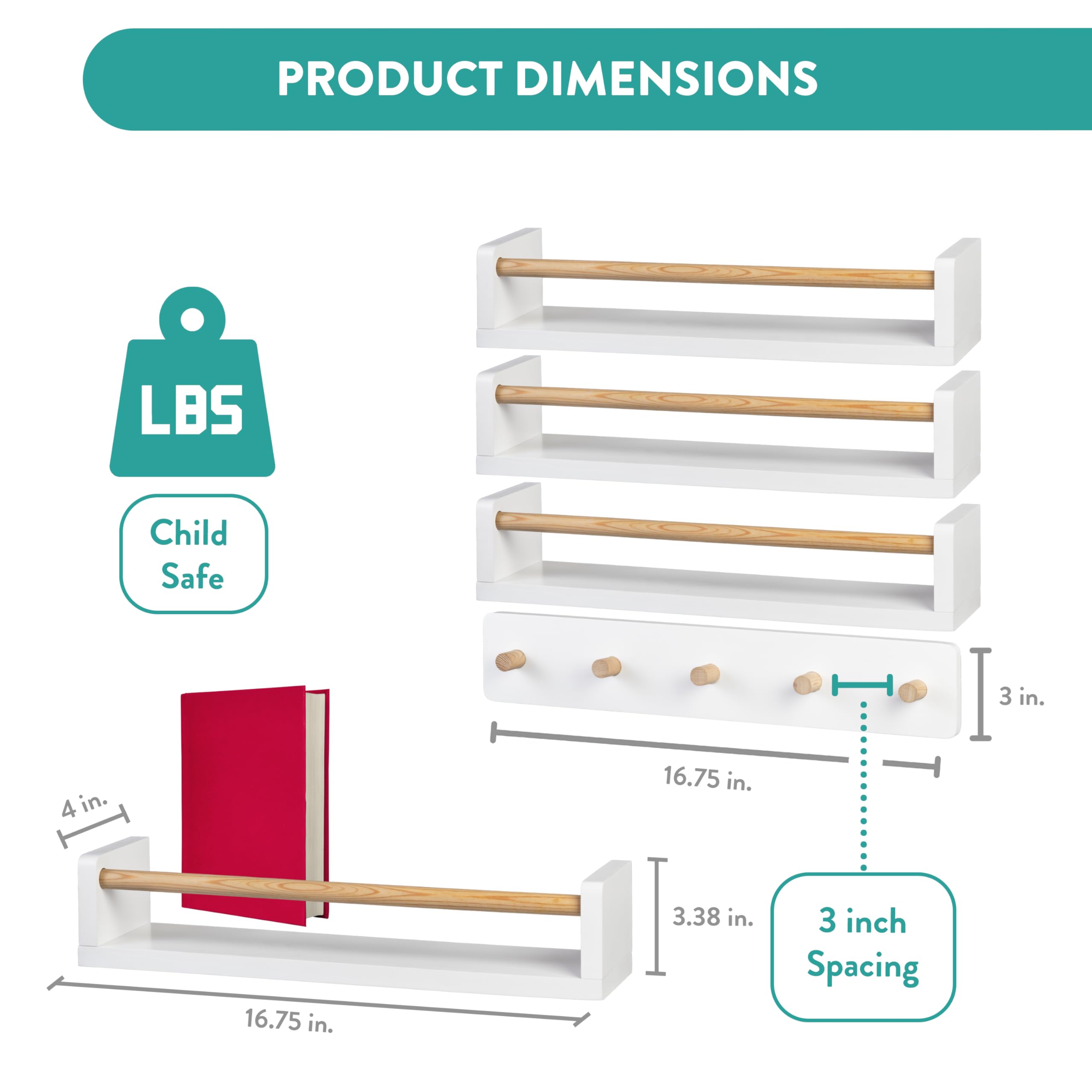 Floating Nursery Shelves and Coat Rack Set - 16.5 Inch Solid Wood Wall Storage
