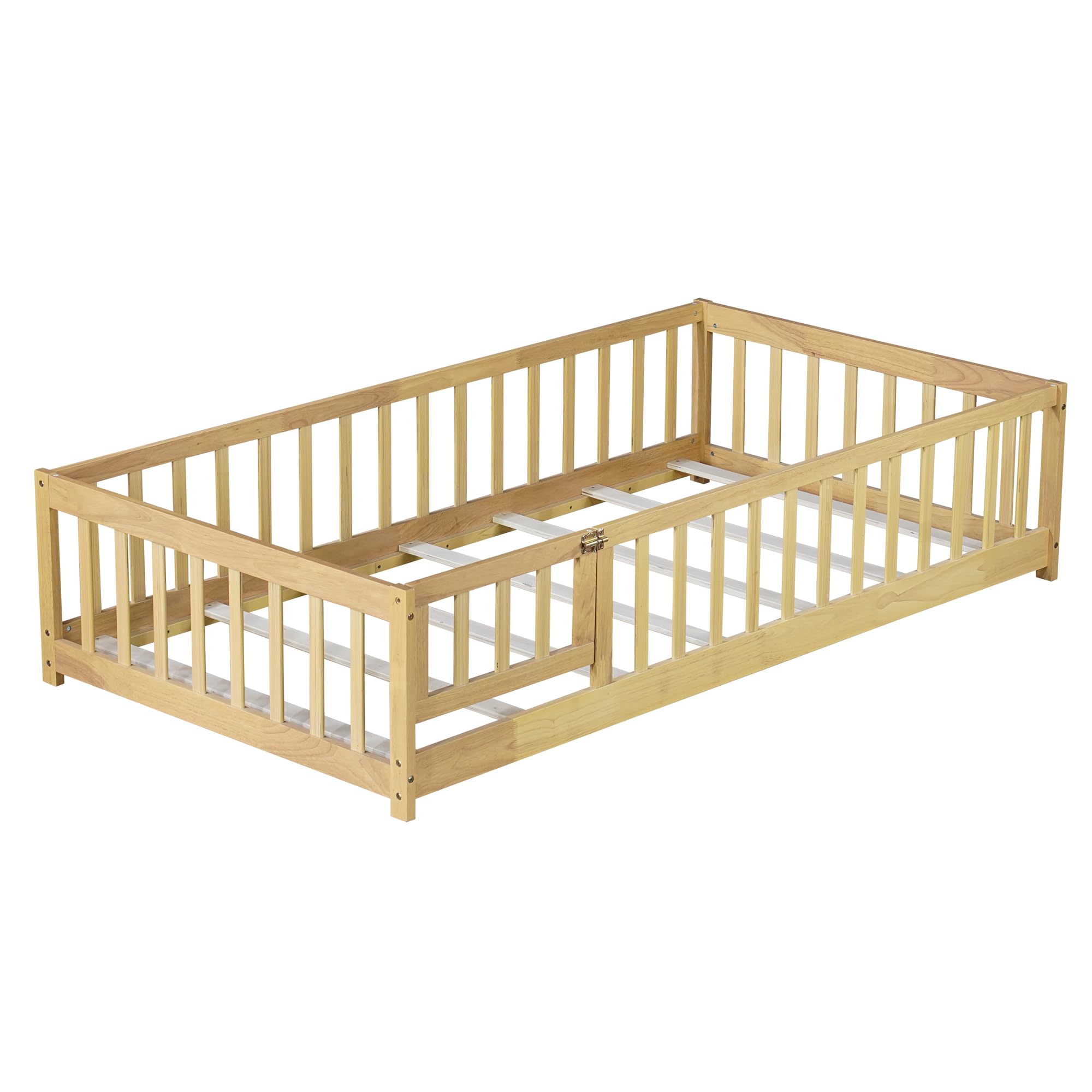 Twin Floor Bed with Slats Door and Safety Fence