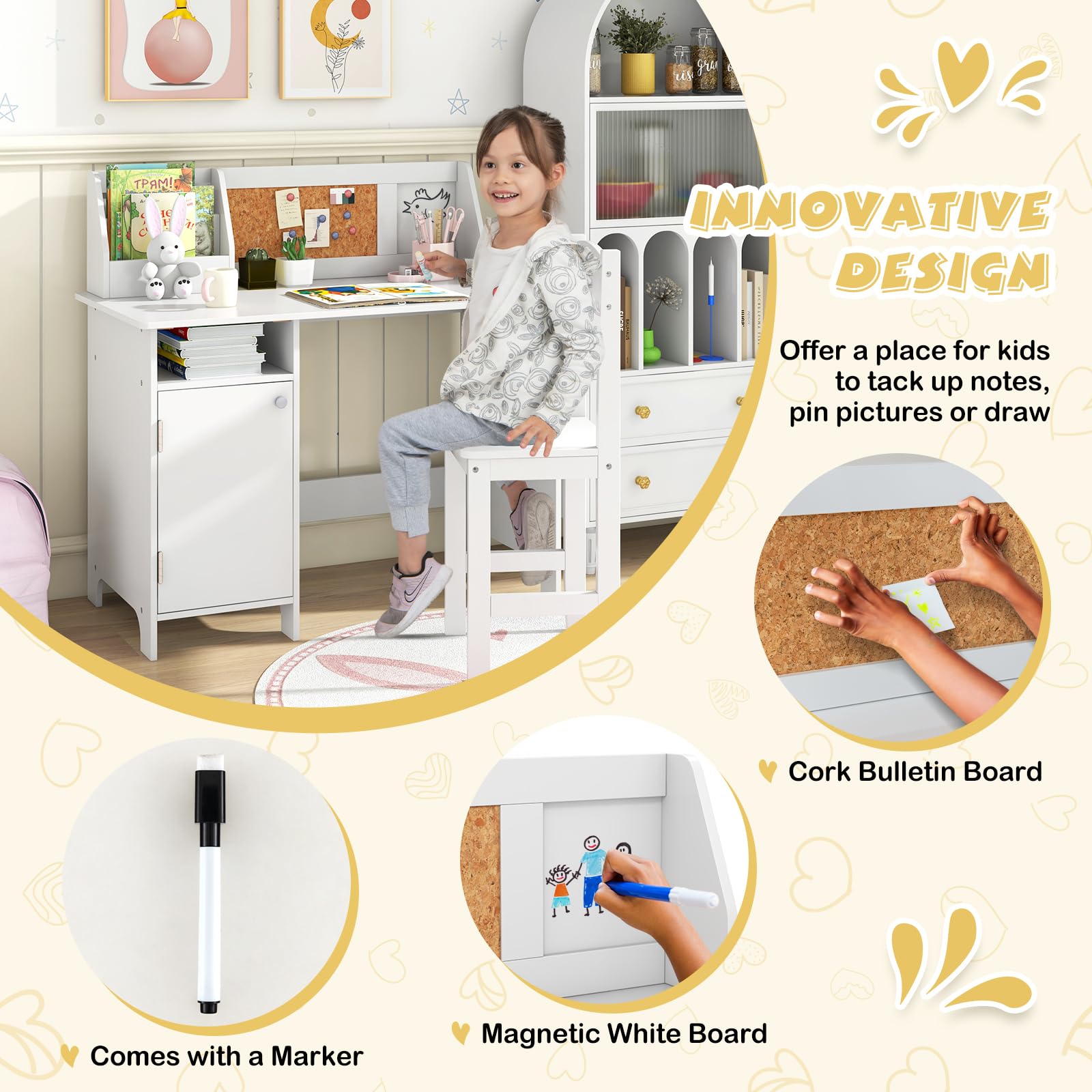 Kids Desk and Chair Set with Storage Hutch and Bulletin Board