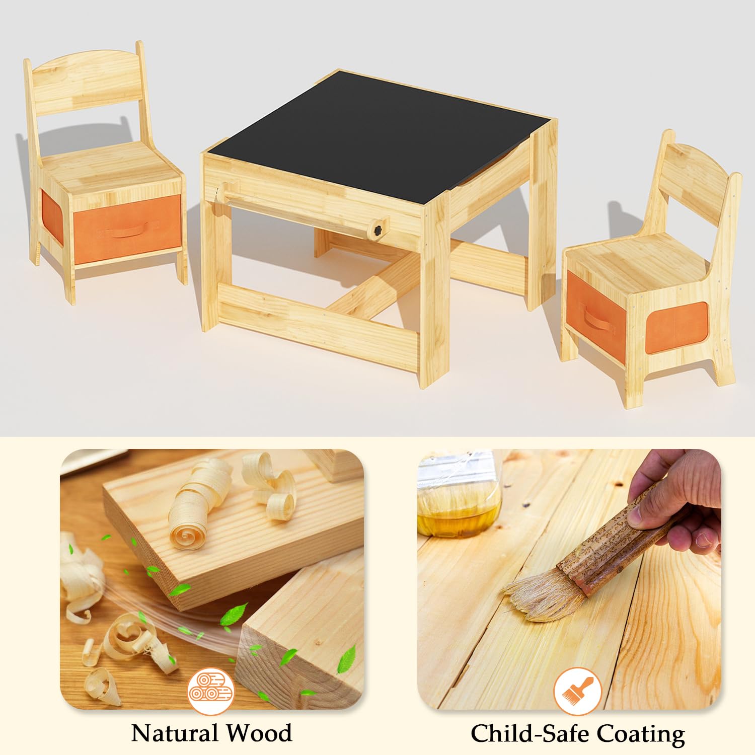Solid Wood Kids Table and Chair Set with Storage