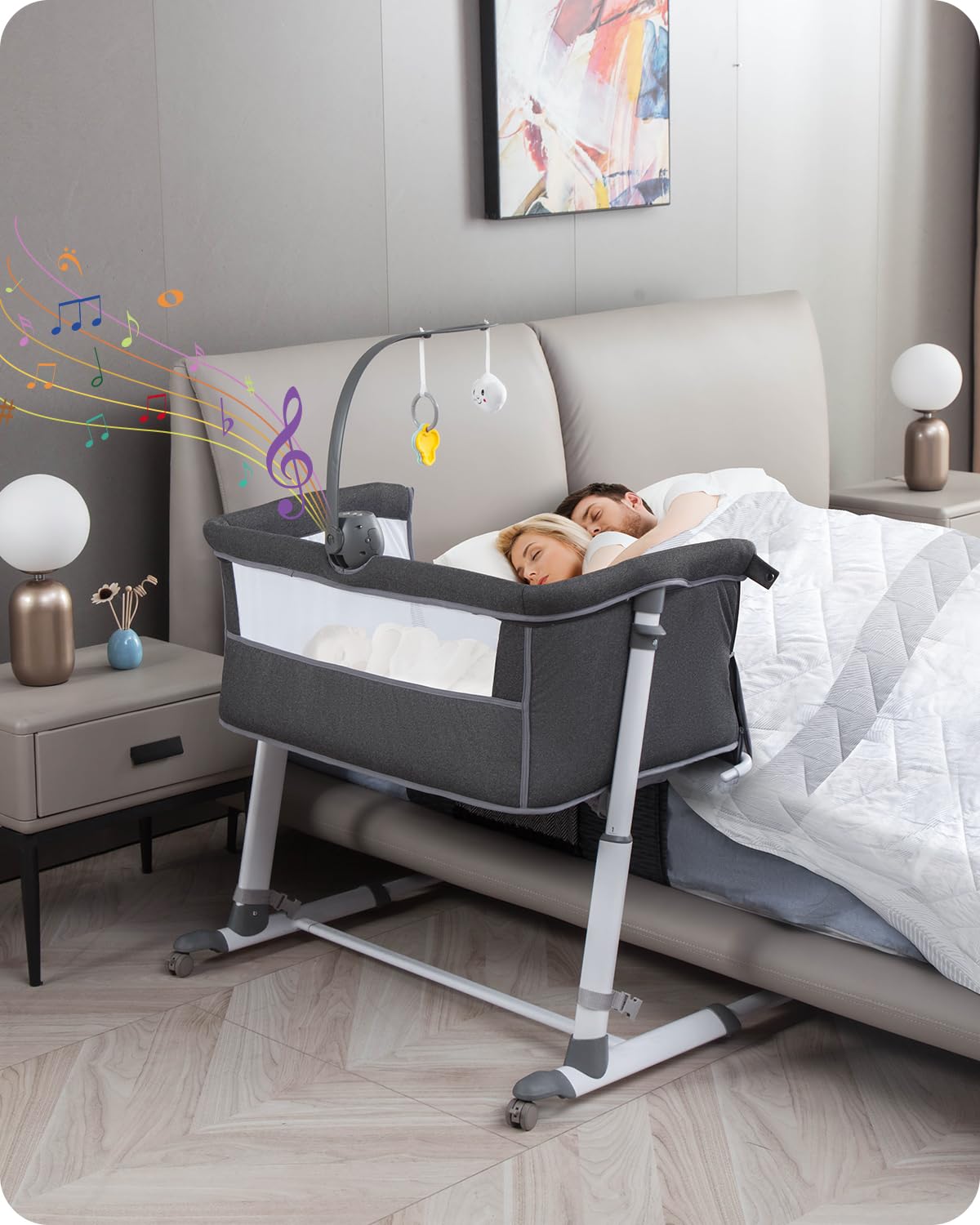 Baby Bassinet, Bedside Crib Sleeper with Wheels and Music Box