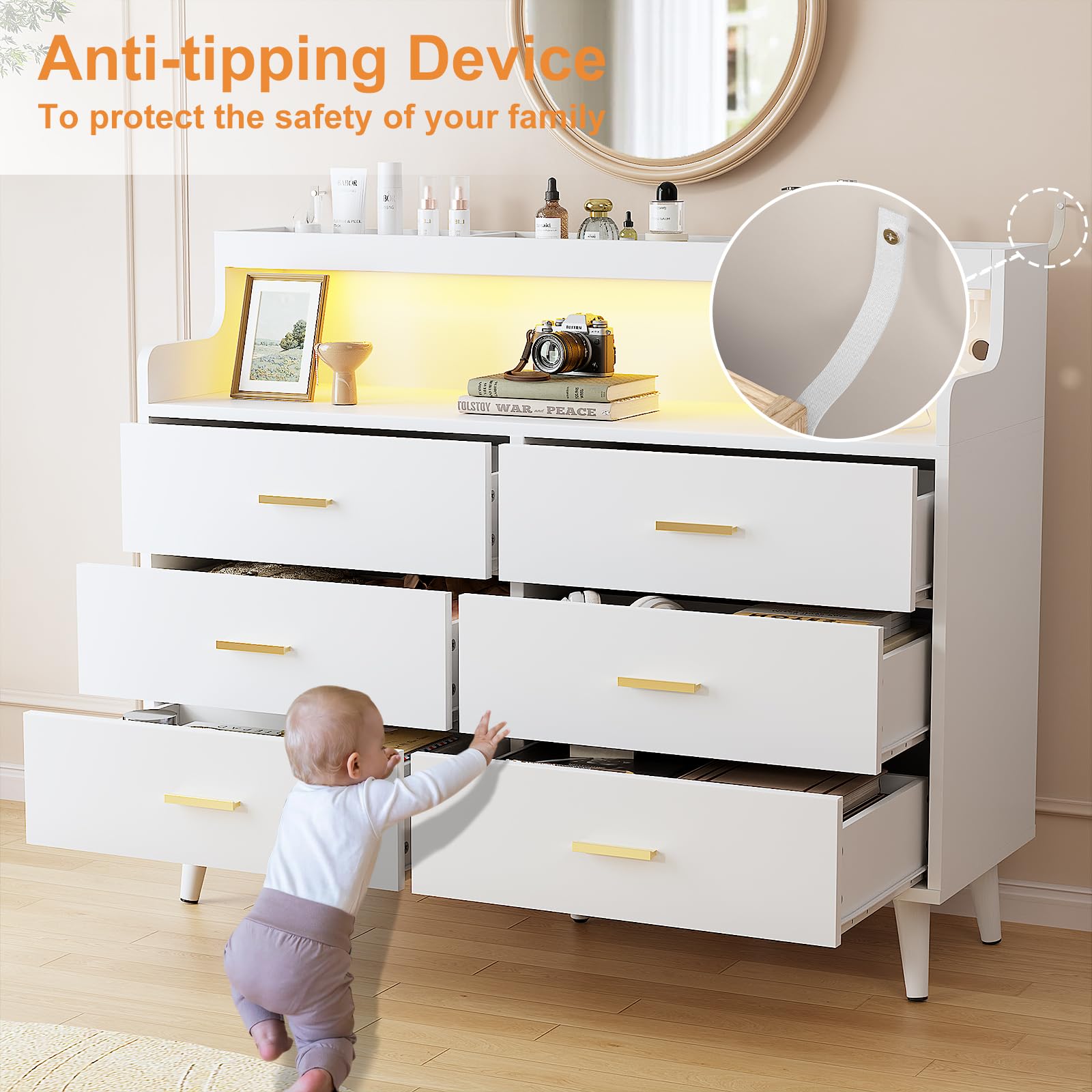 47.2" Wooden Dresser for Bedroom with Charging Station and LED