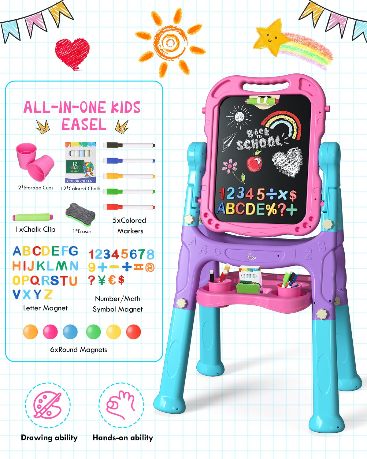 Lehoo Castle Easel for Kids, 4 in 1 Double Sided Kids Art Easel with Magnetic White Board & Chalk Board, Adjustable Standing Toddler Easel with Drawing & Writing Accessories (Blue, Purple, Pink)