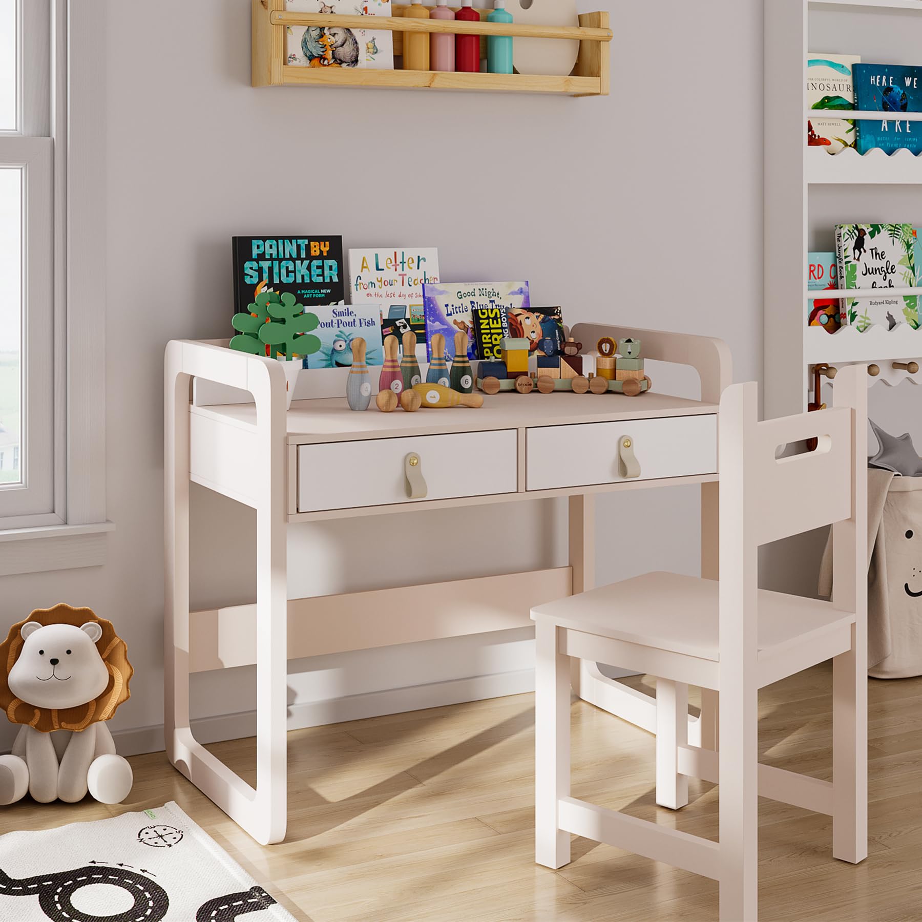 Kids Desk and Chair Set, Study Desk with Drawers, Wooden Children Table Set