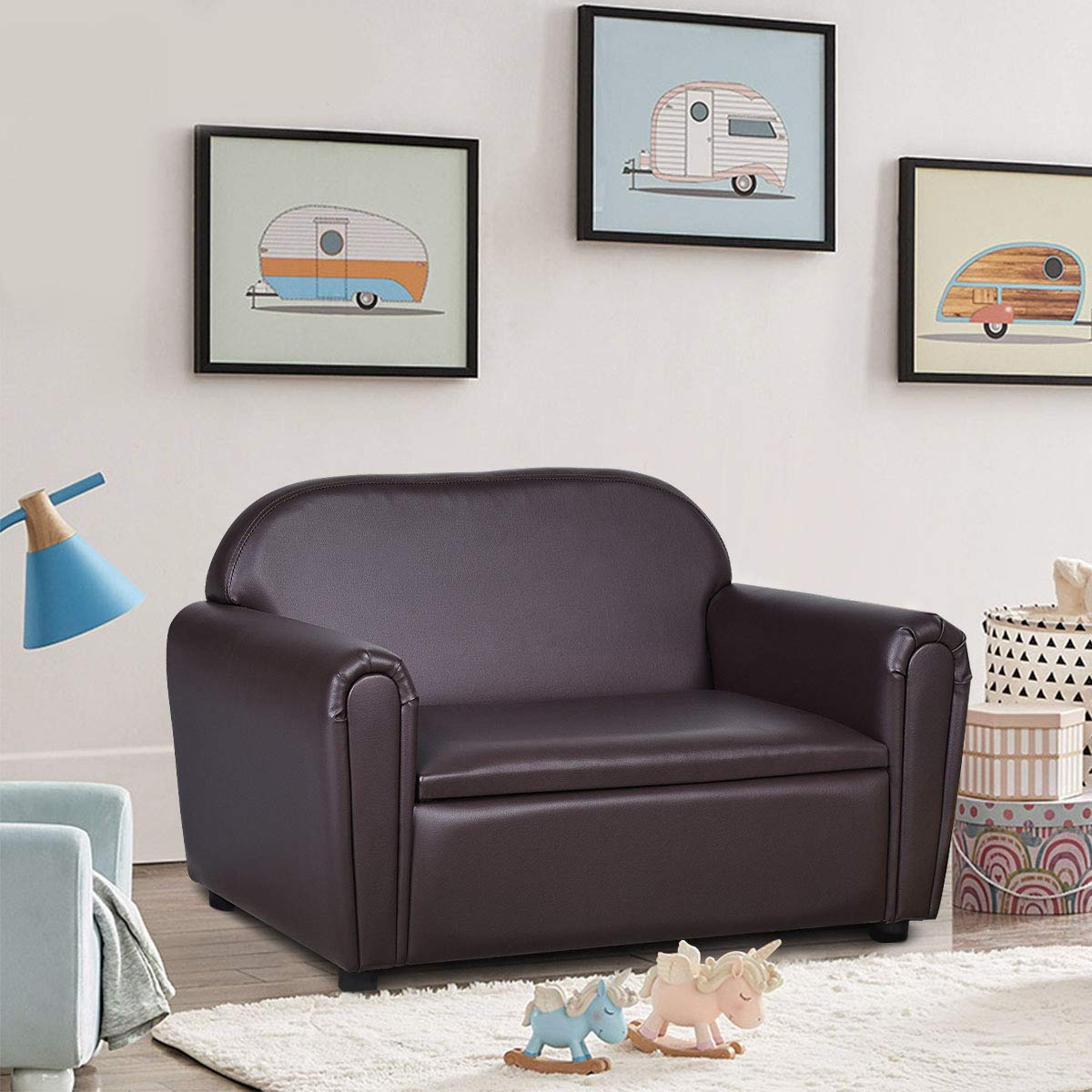 Kids Couch, 2 in 1 Double Seat Children's Sofa w/Under Seat Storage