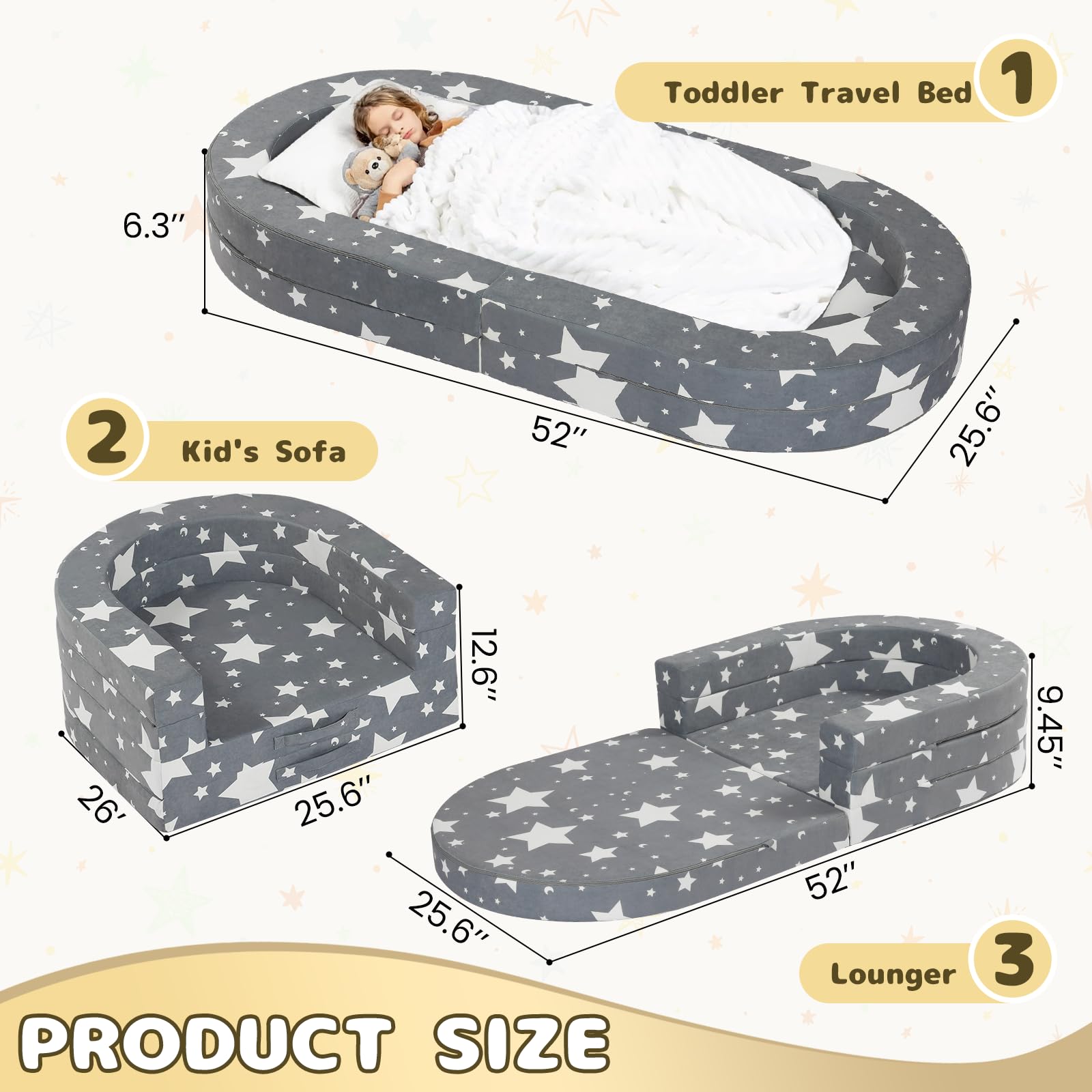 3-in-1 Portable Toddler Travel Bed with Washable Cover