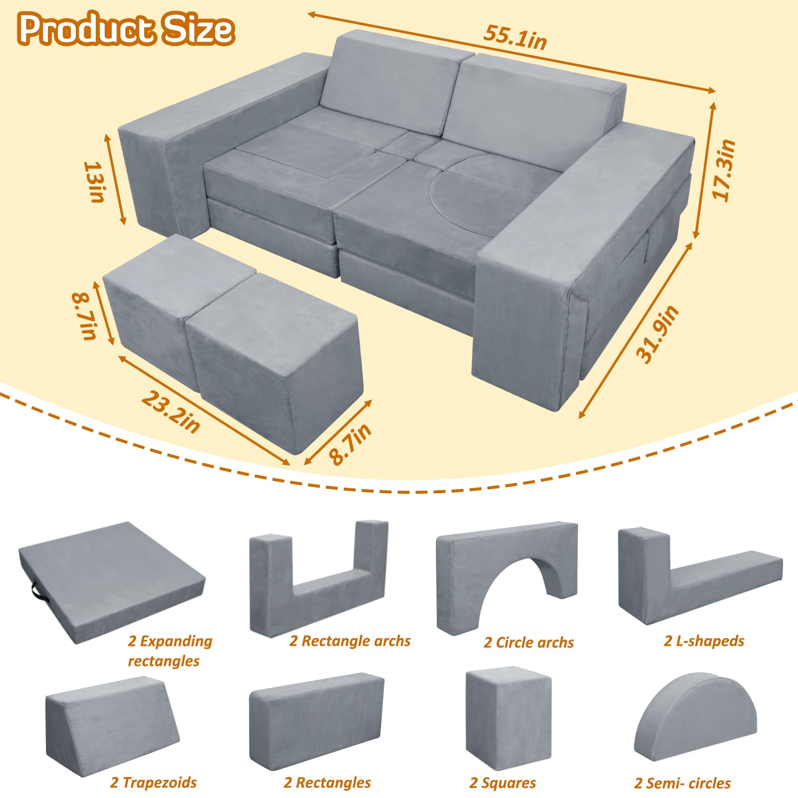 16-Piece Modular Kids Play Couch