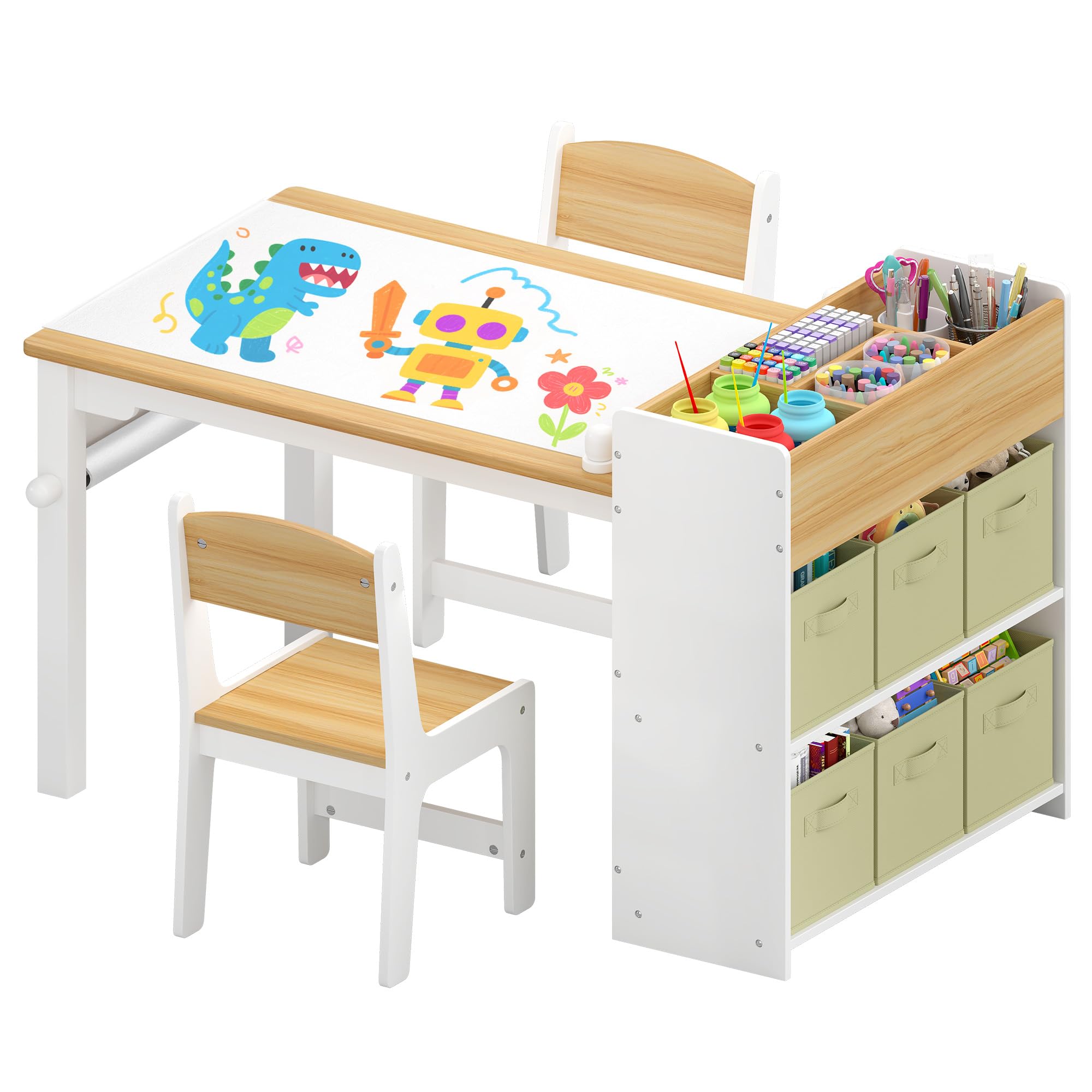 Kids Art Table and Chair Set, Craft and Play Wood Activity Table with Storage Bins