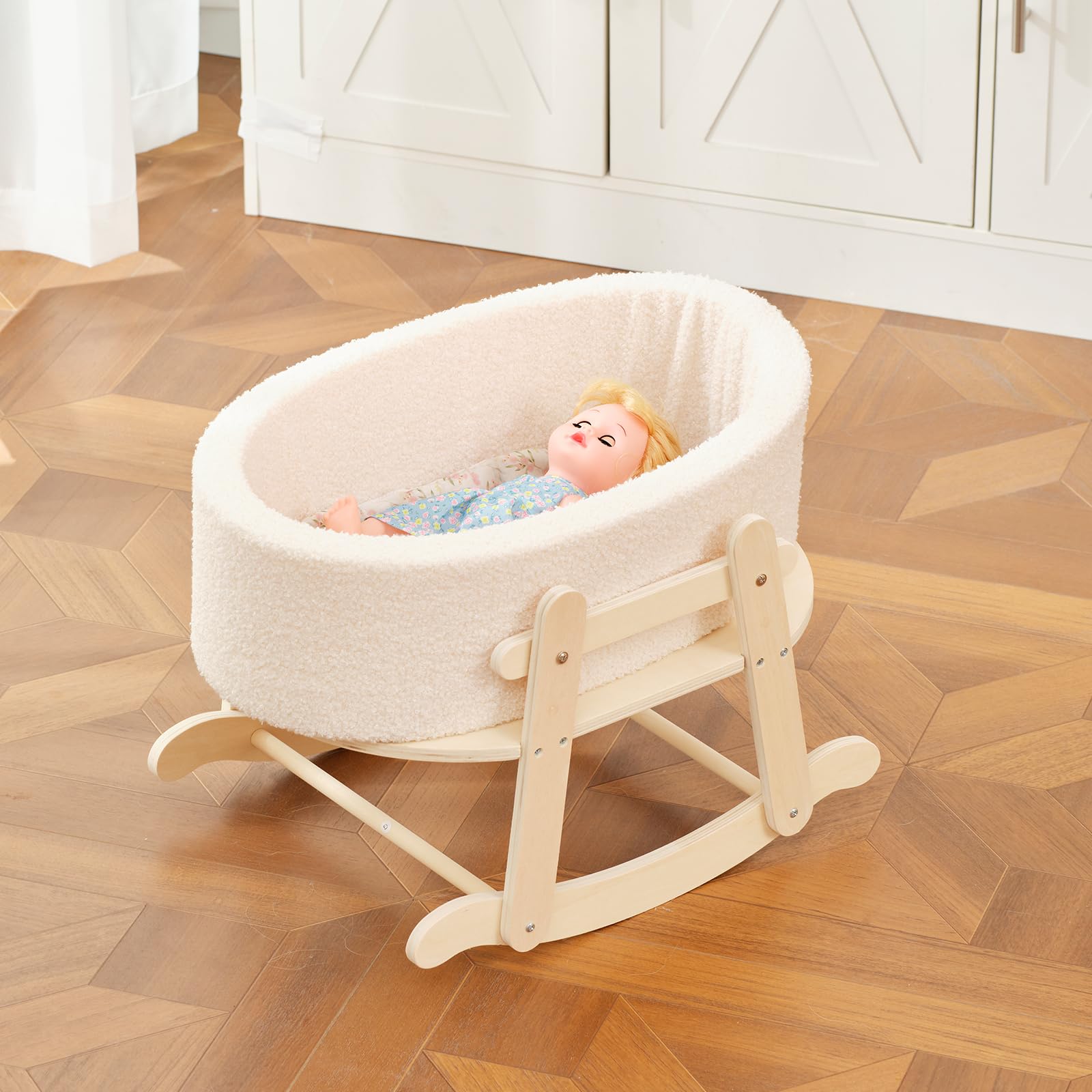 Wooden Doll Bassinet with Boucle Fabric