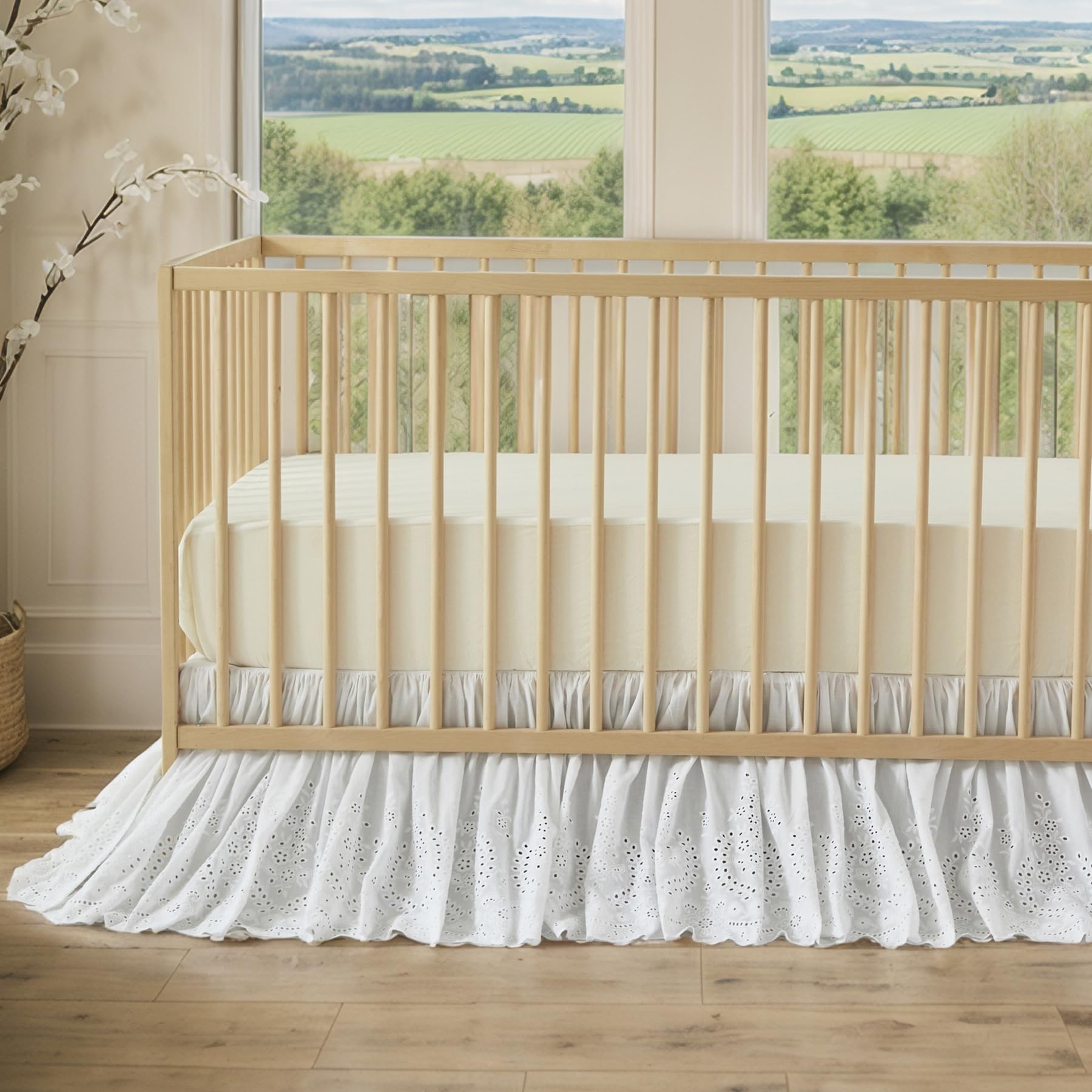 Cotton Lace Crib Bed Skirt with Scalloped Eyelet Ruffles