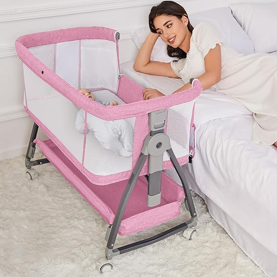 Bedside Bassinet for Baby, Adjustable Newborn Bassinet with Wheels