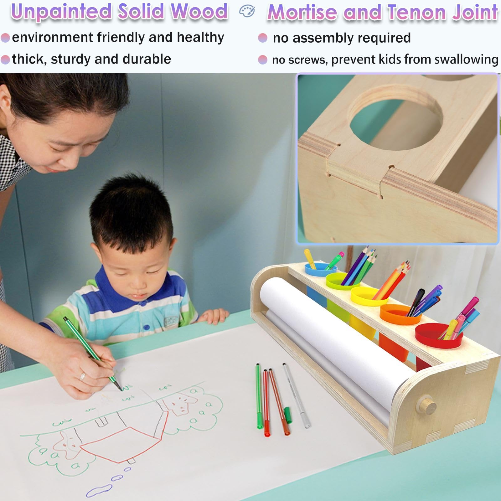 Table Top Paper Roll Dispenser with Paper 17.3inx82ft Wooden Tabletop Easel Art Paper Roll for Kids Craft Paper Holder with Pencil and Cups for Coloring Drawing