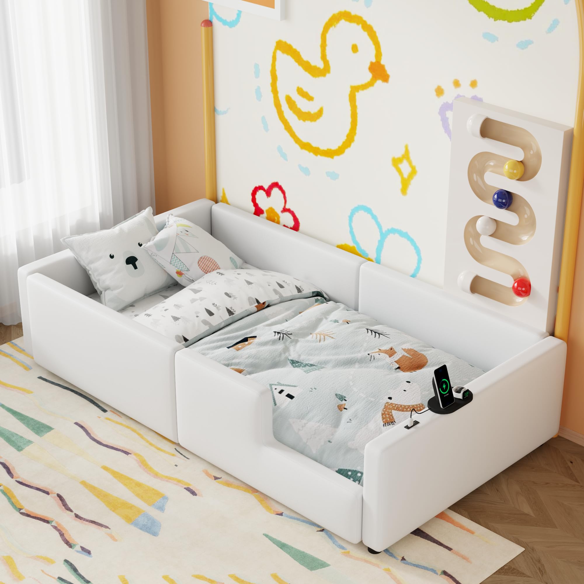 Merax Twin Size Kids Floor Bed with Guardrail and Charging Station, PU Leather Upholstered Daybed Frame for Bedroom, Children's Room, Wood Slats Support, No Box Spring Needed, Easy Assembly, White