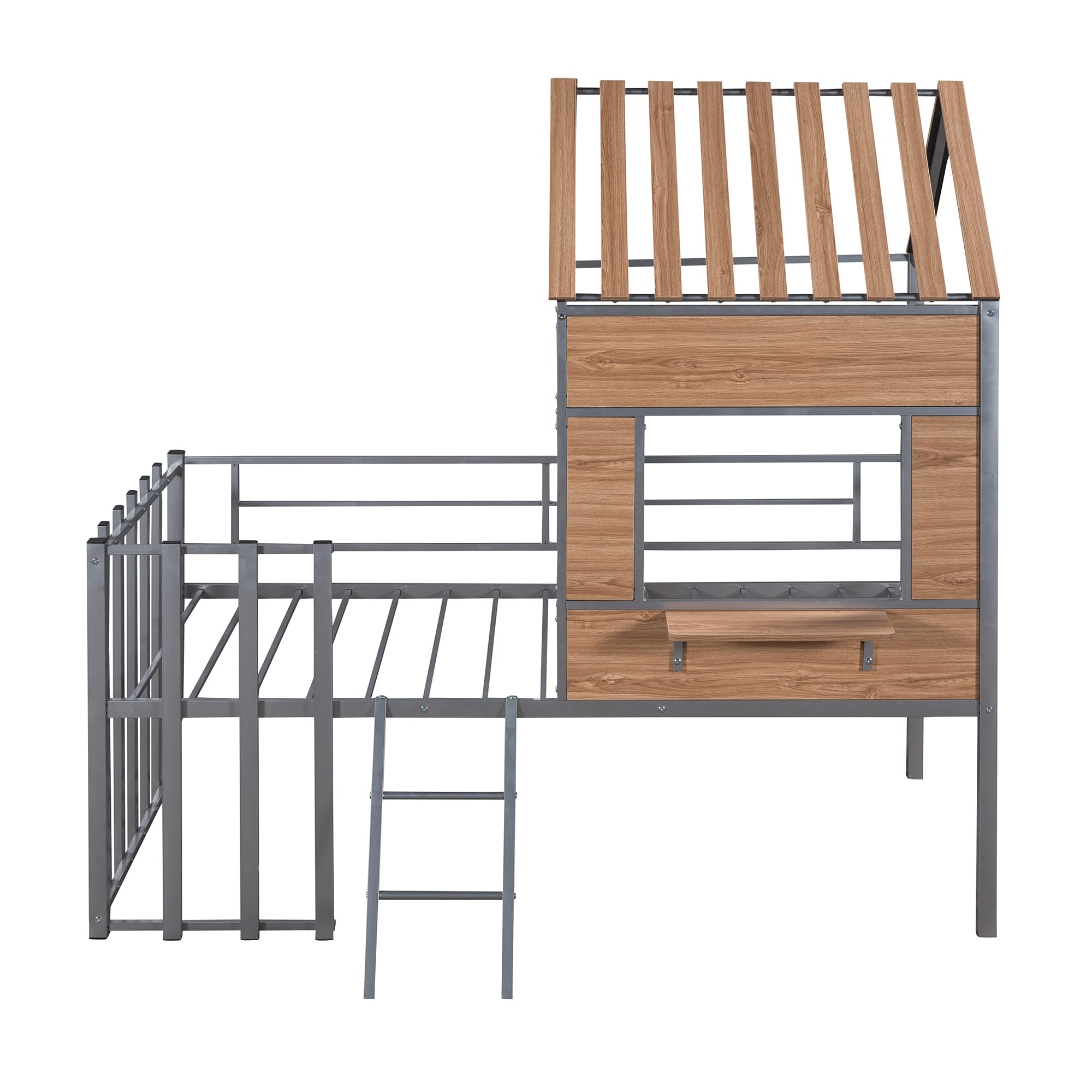 Kids House Beds Low Loft Bed Frame with Roof, Window