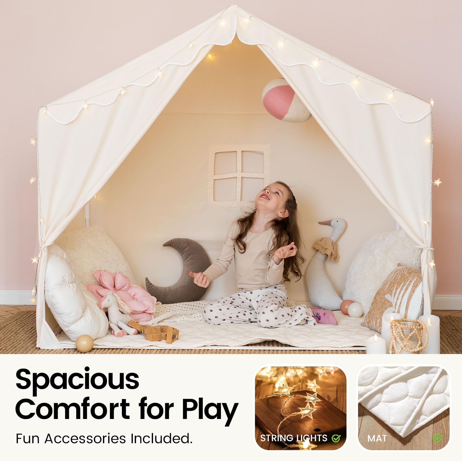 Kids Play Tent with Mat and Star Lights Indoor Playhouse