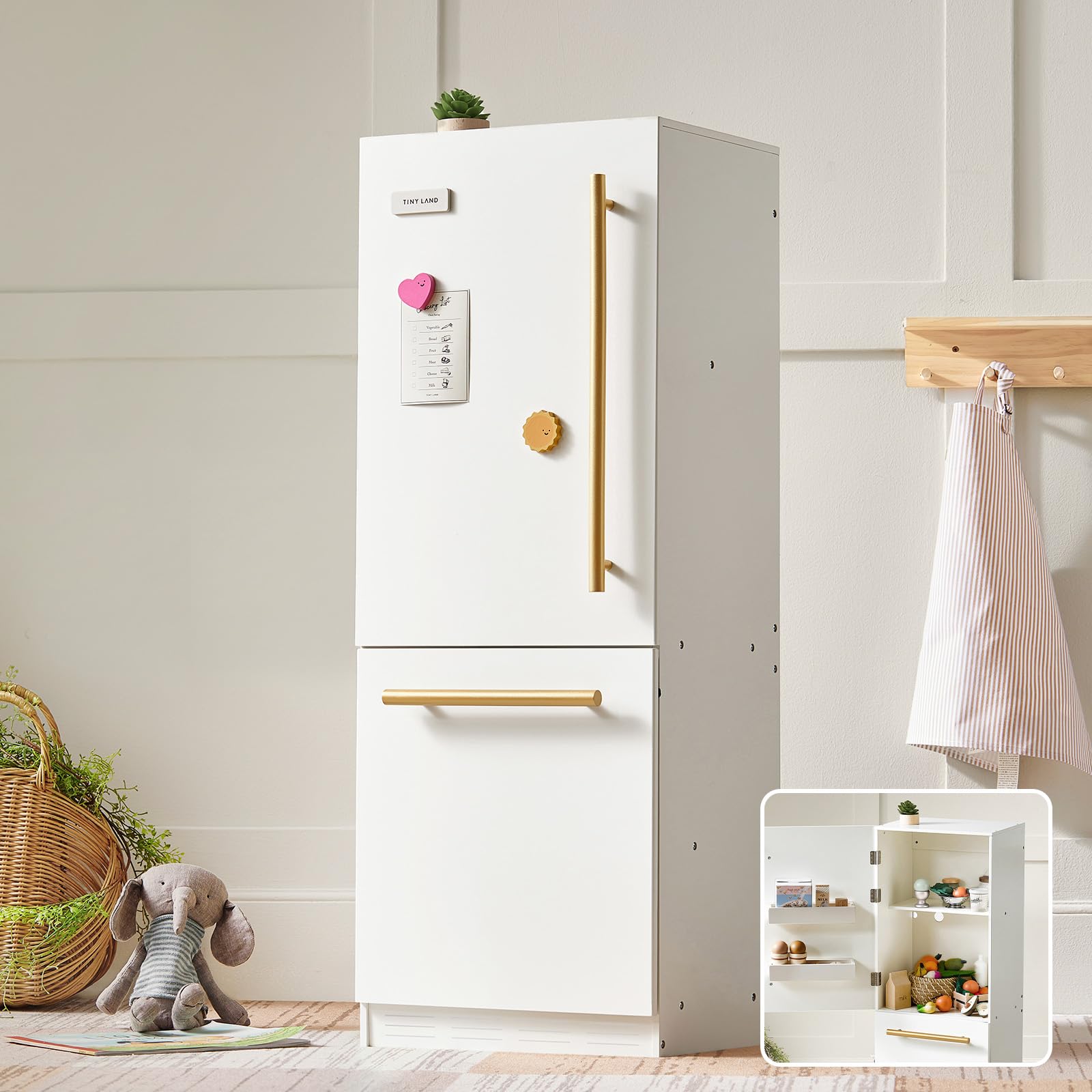 Tiny Land Wooden Toy Fridge with Spacious Storage, Realistic Play Kitchen Refrigerator for Kids’ Pretend Play with Three Freezer Magnets