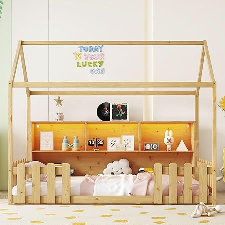 Twin Size Floor Bed with LED Light and Storage Bookshelf