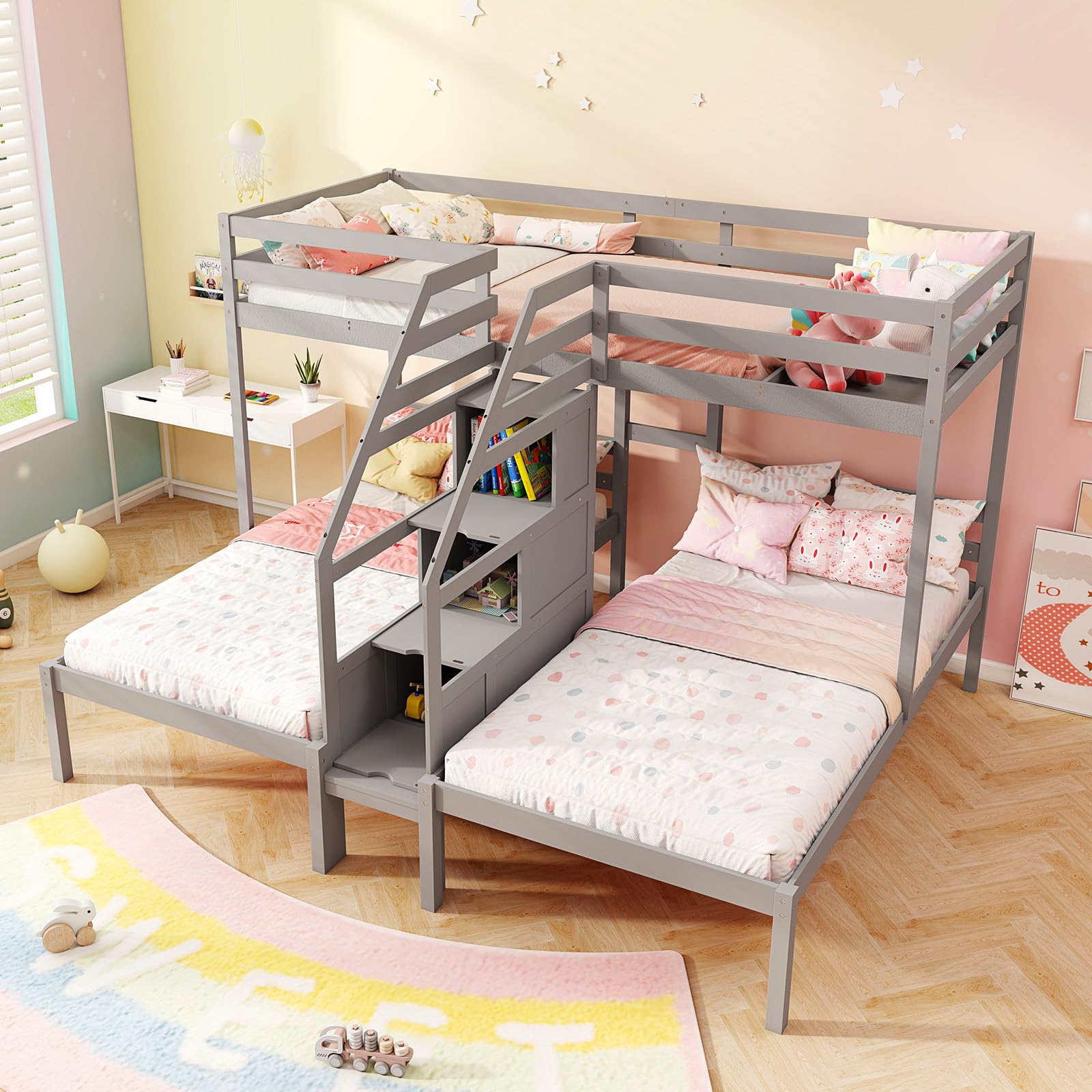 Twin Over Twin & Twin Bunk Bed, Triple Bunk Beds with 4-Step Storage Stair