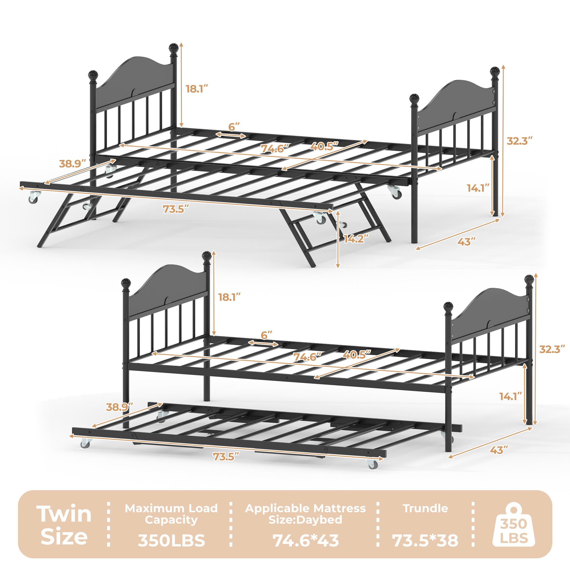 Metal Twin Daybed with Trundle and Stylish Headboard