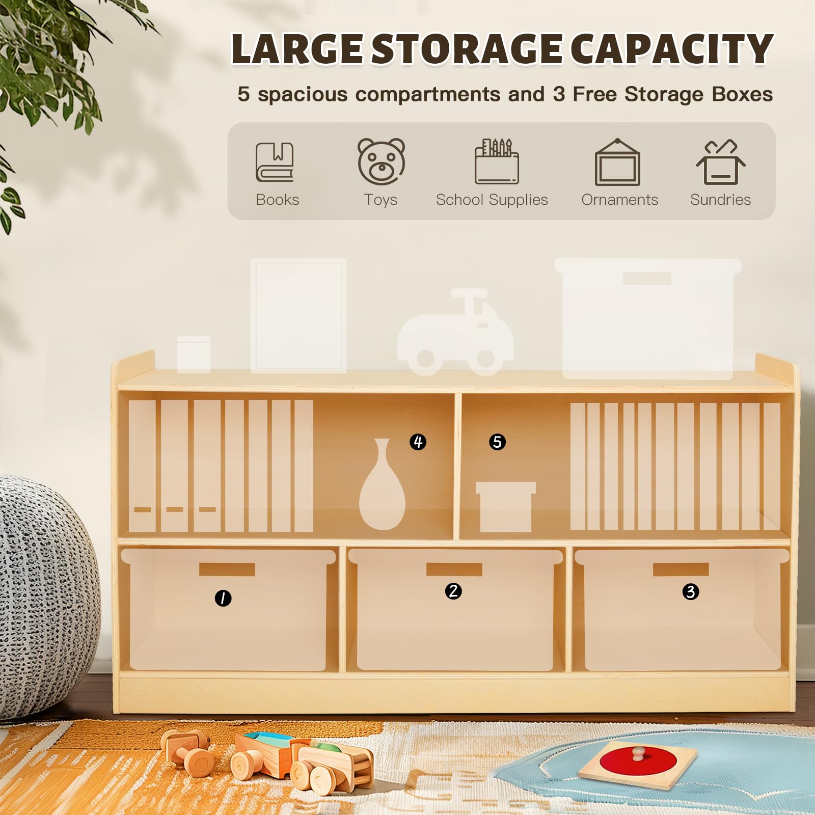 Wooden Toy Storage Organizer with Bookshelf - 5 Section Cabinet for Kids Room