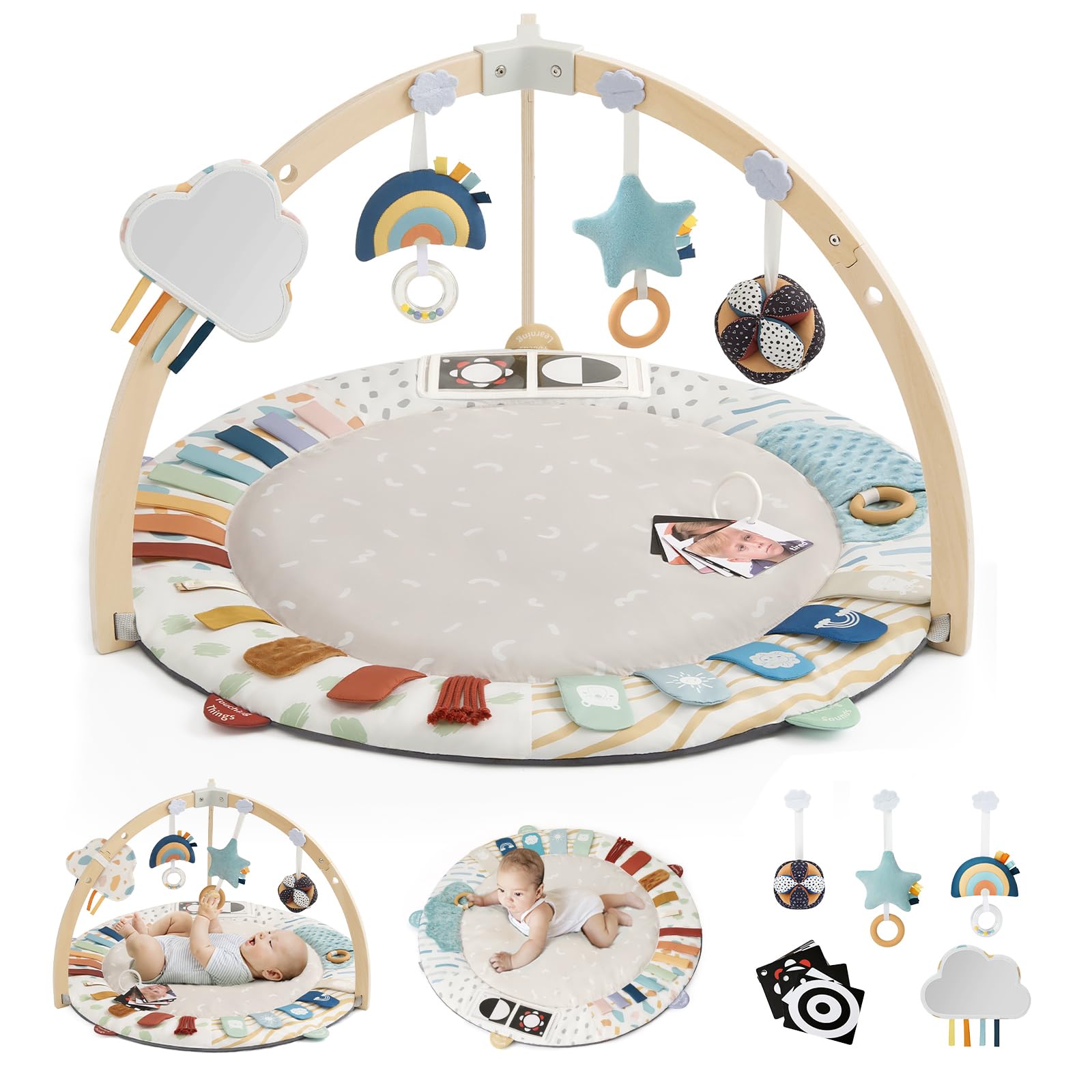 Baby Play Gym & Activity Mat, 5 Developmental Zones Wooden Tummy Time Mat