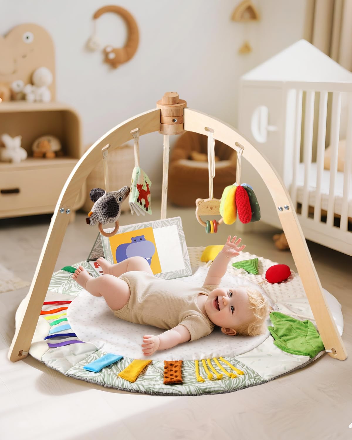 Wooden Baby Play Gym & Tummy Time Playmat – Montessori Sensory Activity Mat