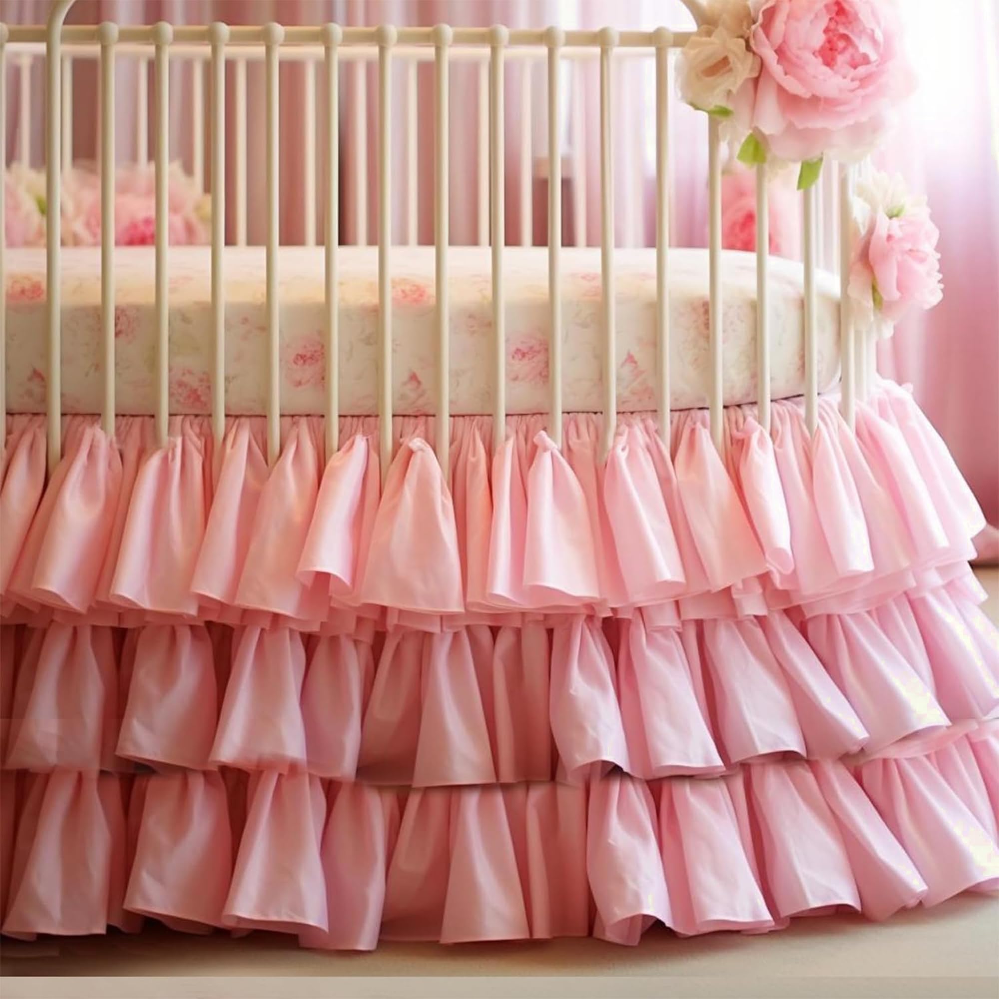 Ruffled Crib Bed Skirt: 3 Tiered Ruffled Crib Skirt Baby Girl Nursery Toddler Bedding Dust Ruffle, 17.7" Deep Drop- Fits Standard Cribs,28"x 52" (Pink)