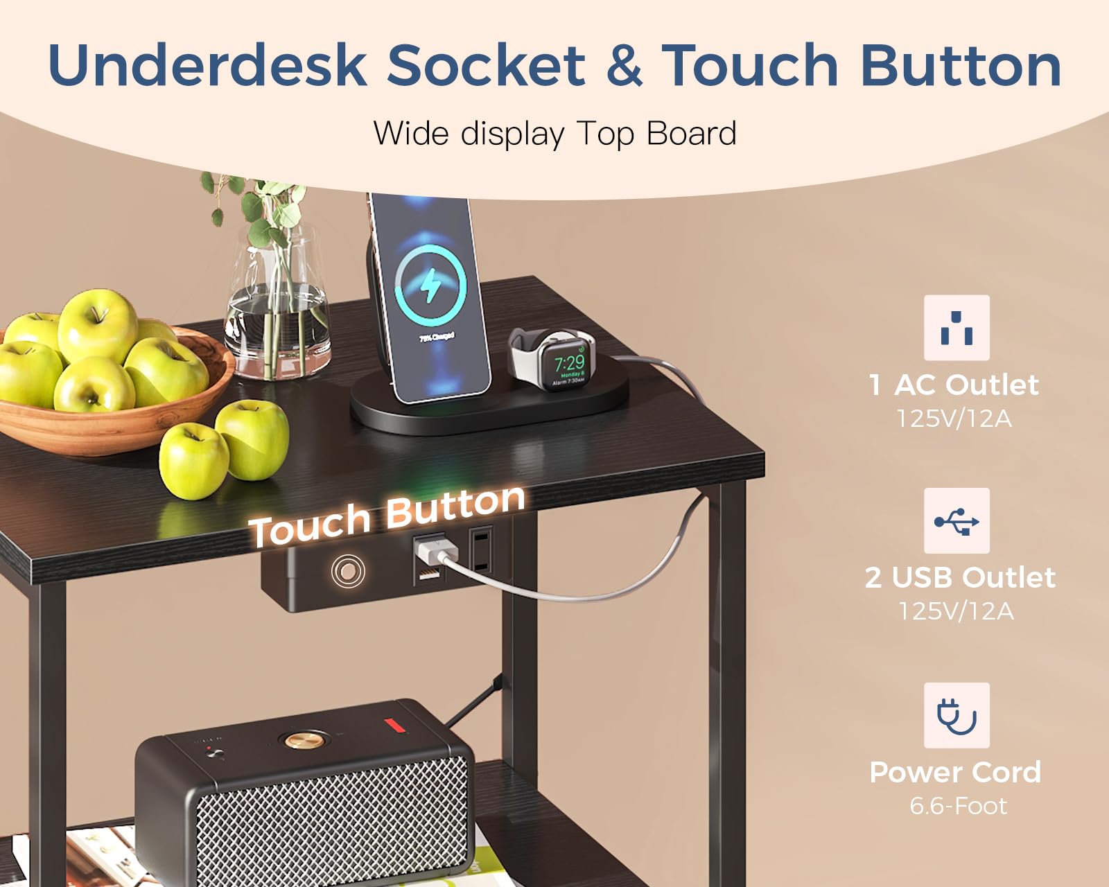 Nightstand with Charging Station and LED Lights