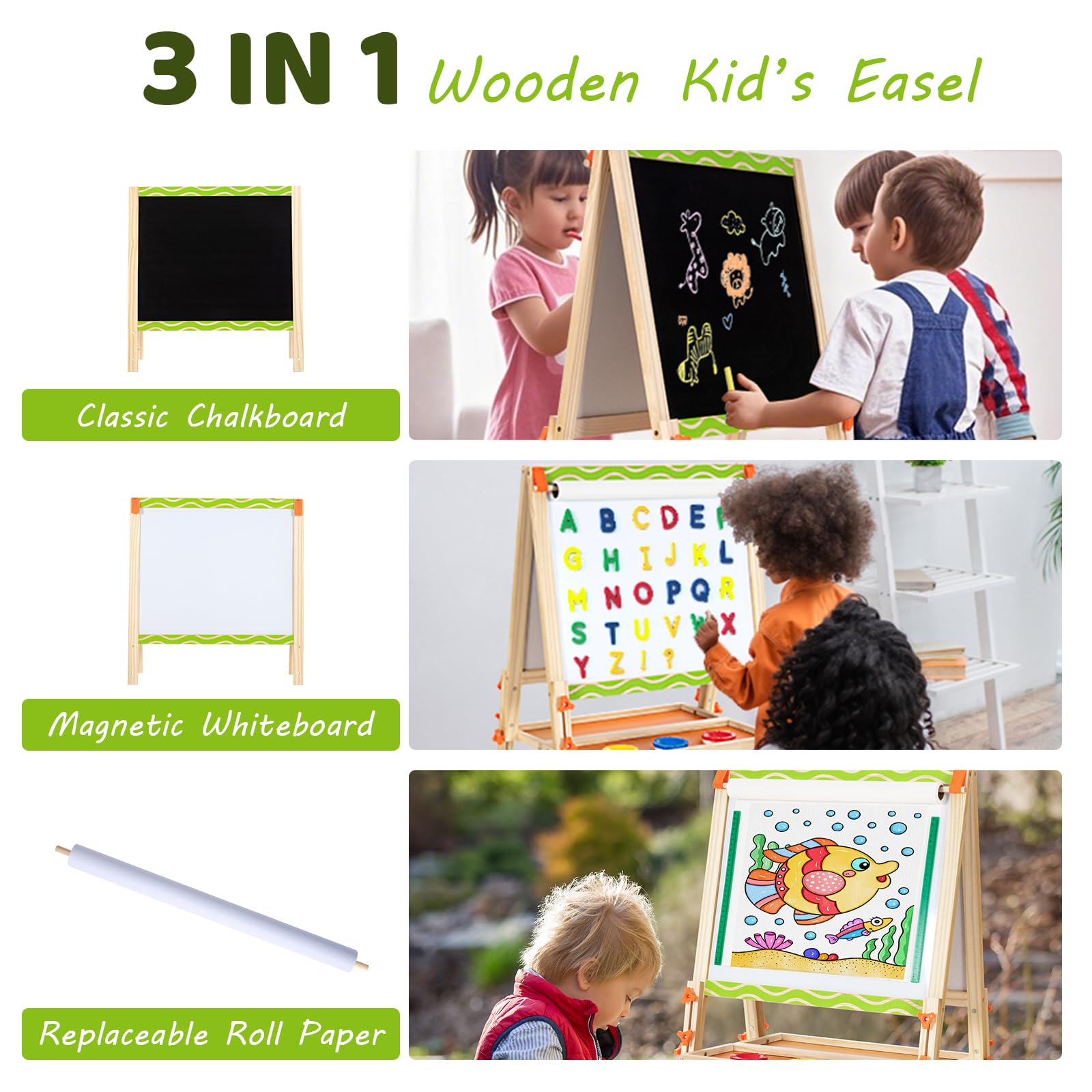 Double-Sided Adjustable Kids Art Easel with Whiteboard and Chalkboard